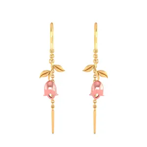 14k Pink Yellow With Leaves Single Chain Gold Earrings