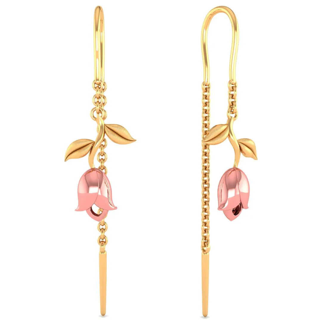 14k Pink Yellow With Leaves Single Chain Gold Earrings