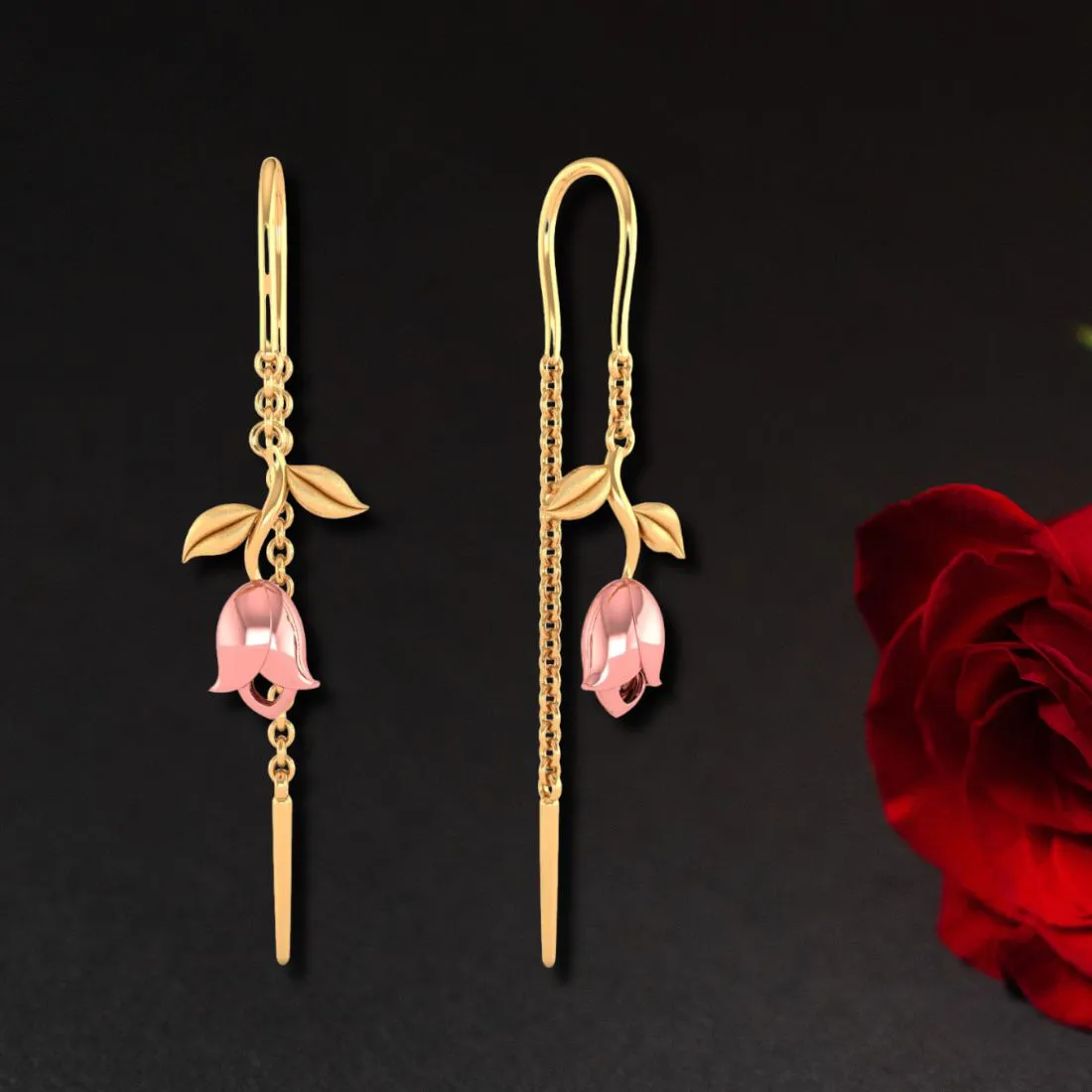 14k Pink Yellow With Leaves Single Chain Gold Earrings