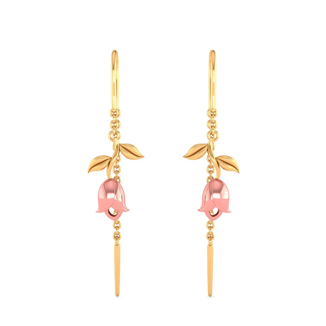 14k Pink Yellow With Leaves Single Chain Gold Earrings