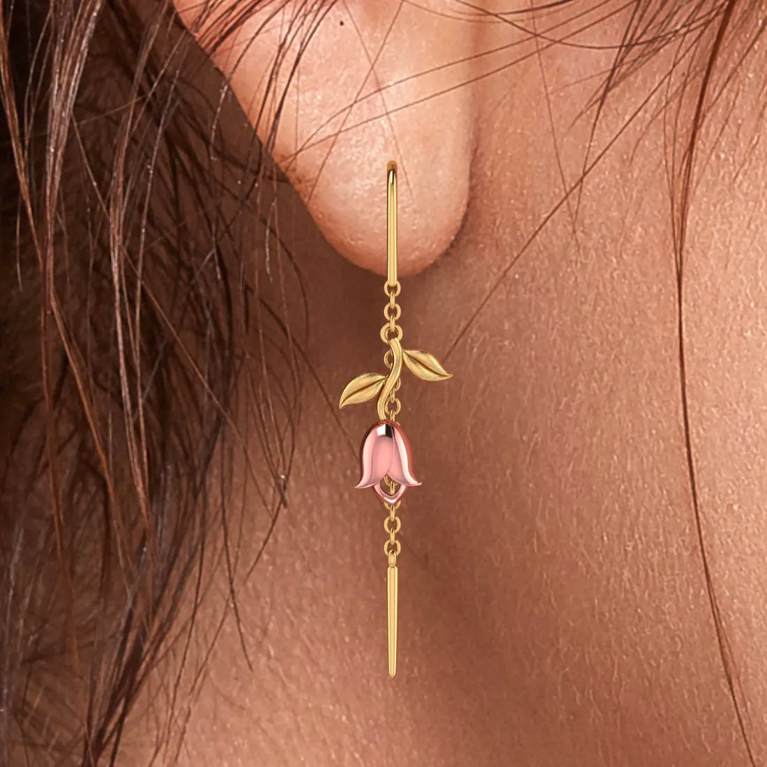 14k Pink Yellow With Leaves Single Chain Gold Earrings