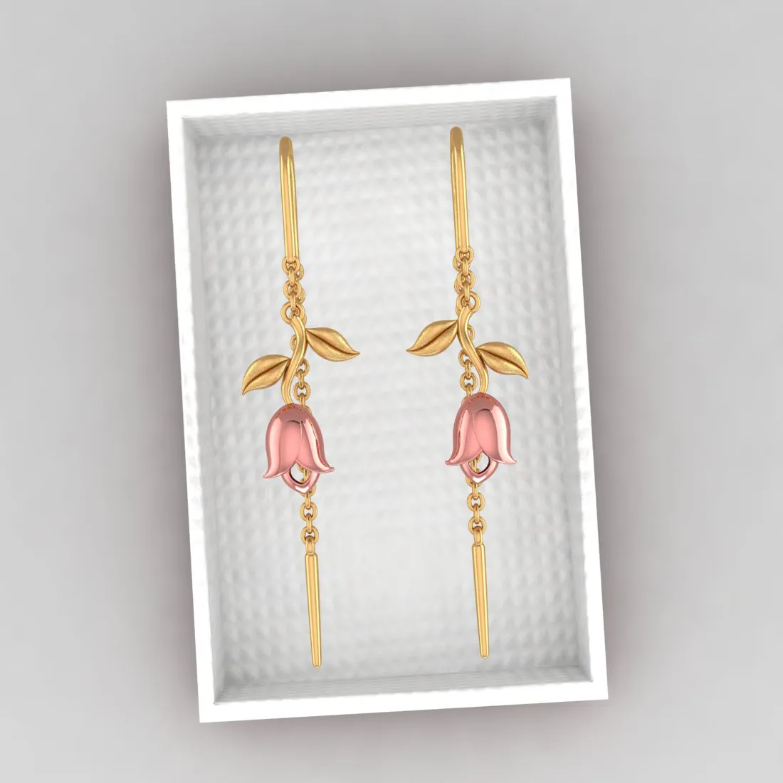 14k Pink Yellow With Leaves Single Chain Gold Earrings