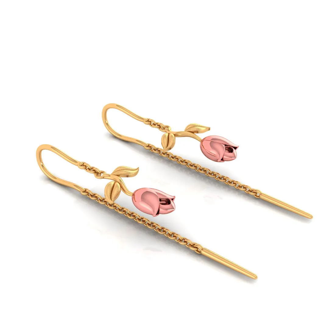 14k Pink Yellow With Leaves Single Chain Gold Earrings