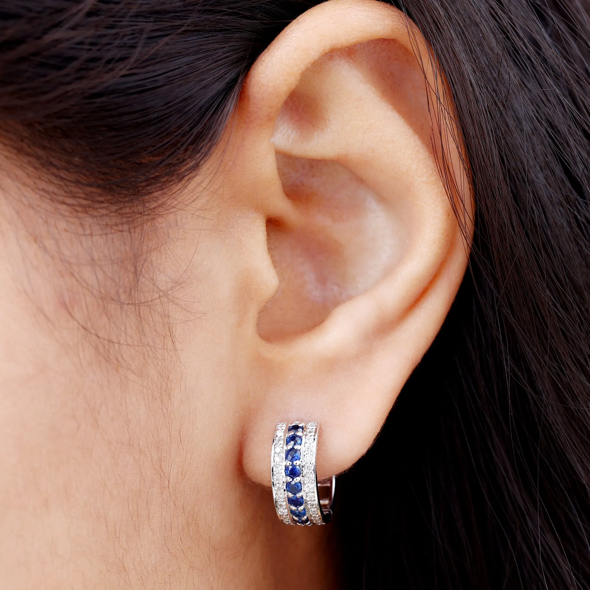 1.50 CT Blue Sapphire and Diamond Statement Hoop Earrings