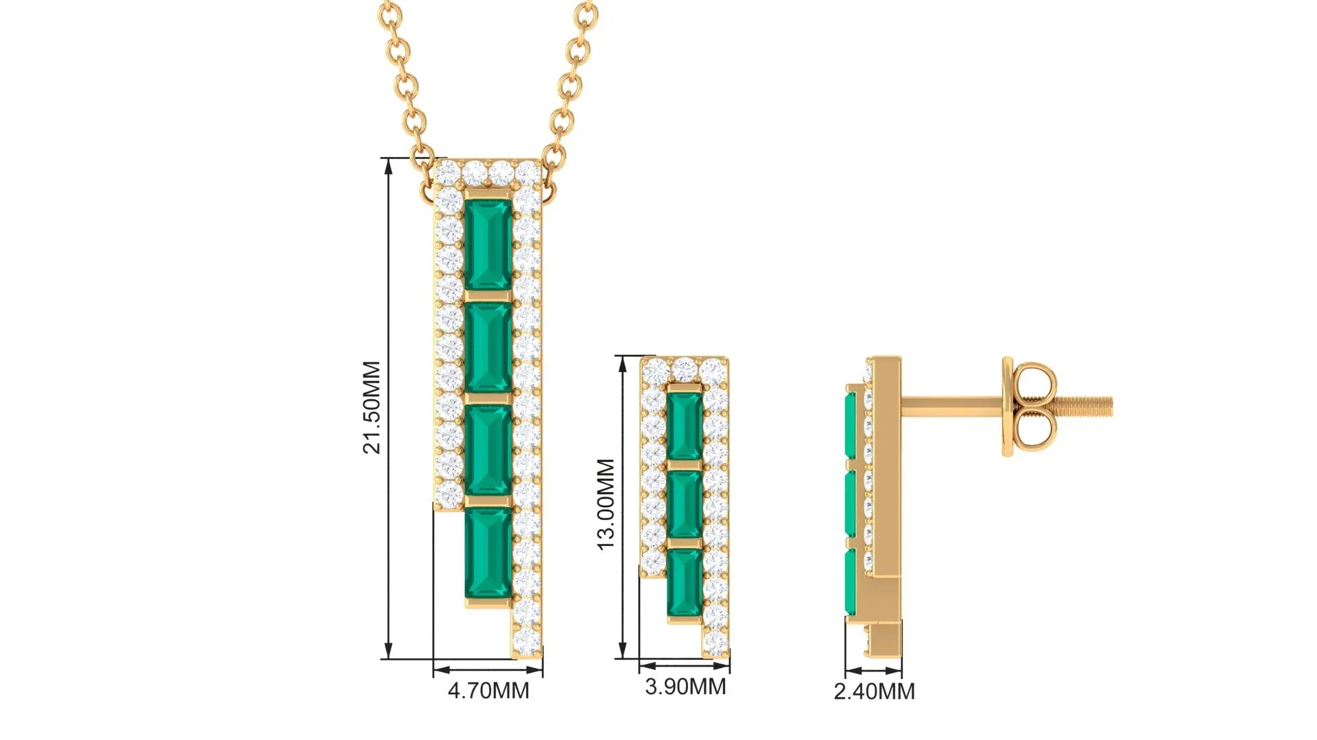 1.75 CT Baguette Cut Emerald Designer Bar Jewelry Set with Diamond