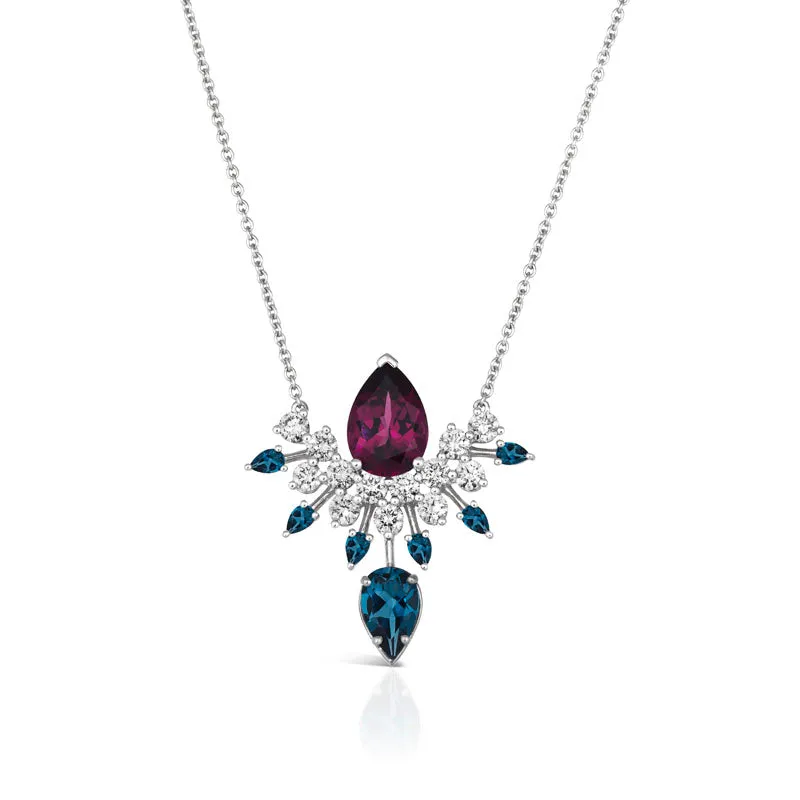 18k Amazonia (cocar) White Gold Necklace With 0.80 Cts Vs-Gh Diamonds  And Rhodolite And Topaz