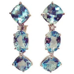 18kt White Gold Blue Topaz and Diamond Three Stone Cushion Drop Earring