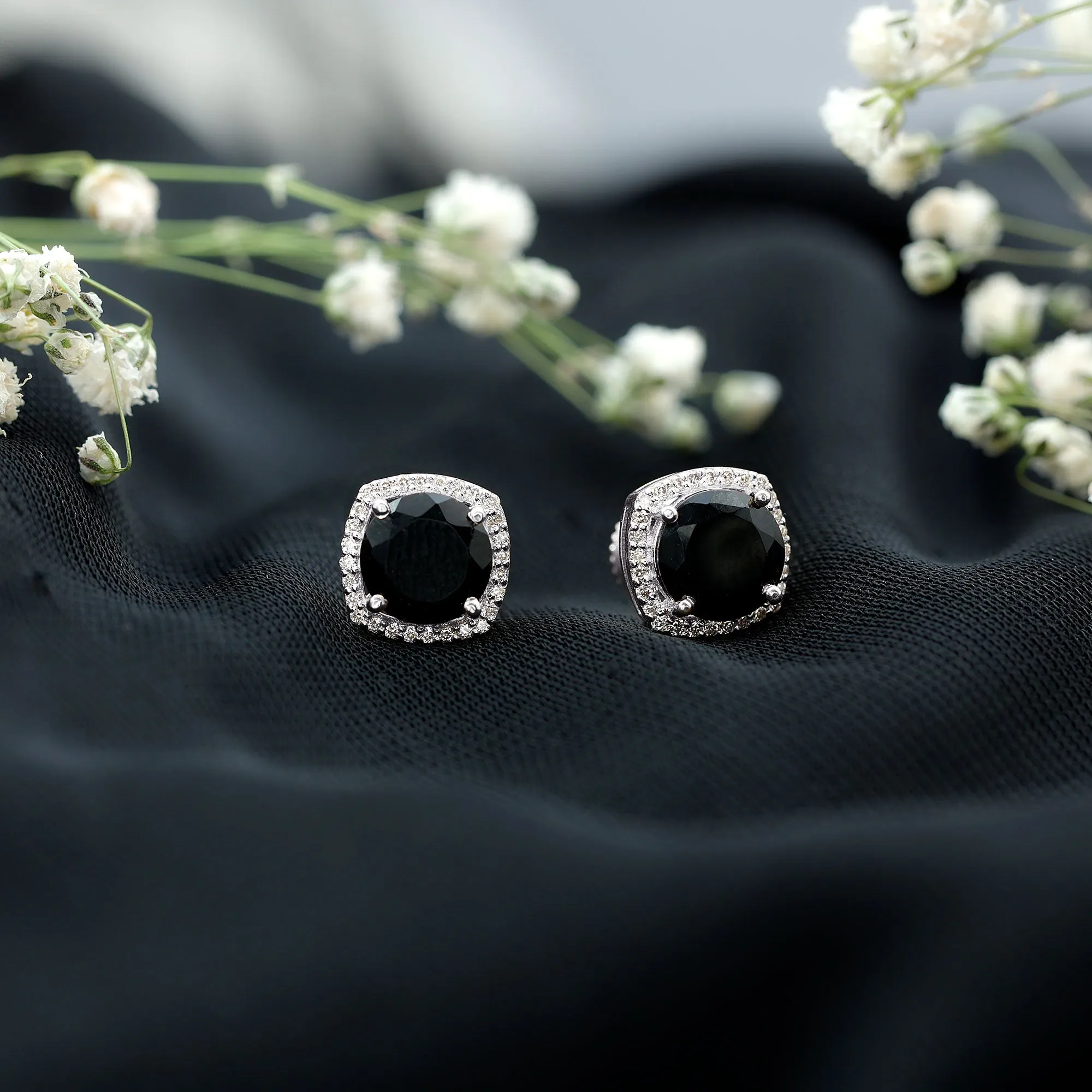 2.50 CT Vintage Black Onyx Stud Earrings with Diamond Halo