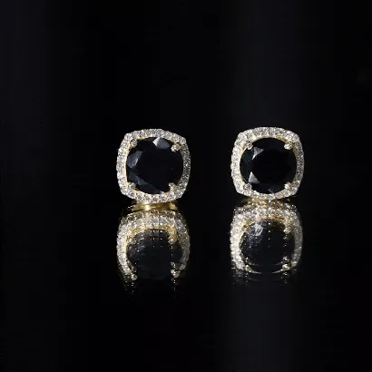 2.50 CT Vintage Black Onyx Stud Earrings with Diamond Halo