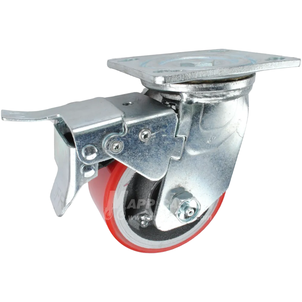 4" x 2" Red Polyurethane on Iron Wheel Swivel Caster with Total Locking Brake - 800 Lbs Capacity