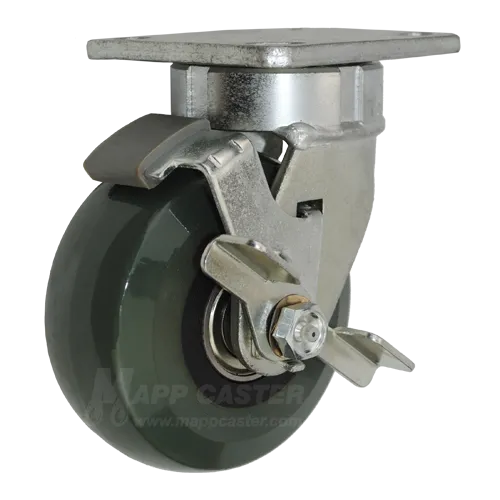 5" x 2" Solid Polyurethane Elastomer Ball Bearing Wheel Kingpinless Swivel Caster with Brake - 1,400 Lbs Capacity