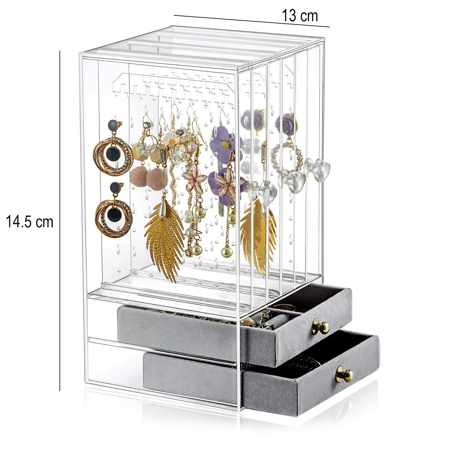 Acrylic Earring Holder and Jewelry Organizer 3 Slots 2 Drawers