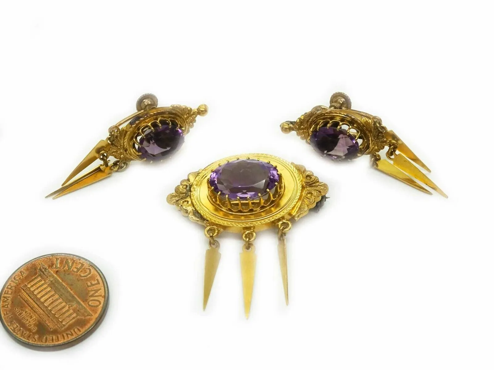 Antique Etruscan Revival Amethyst Brooch & Earrings Set 16k Gold