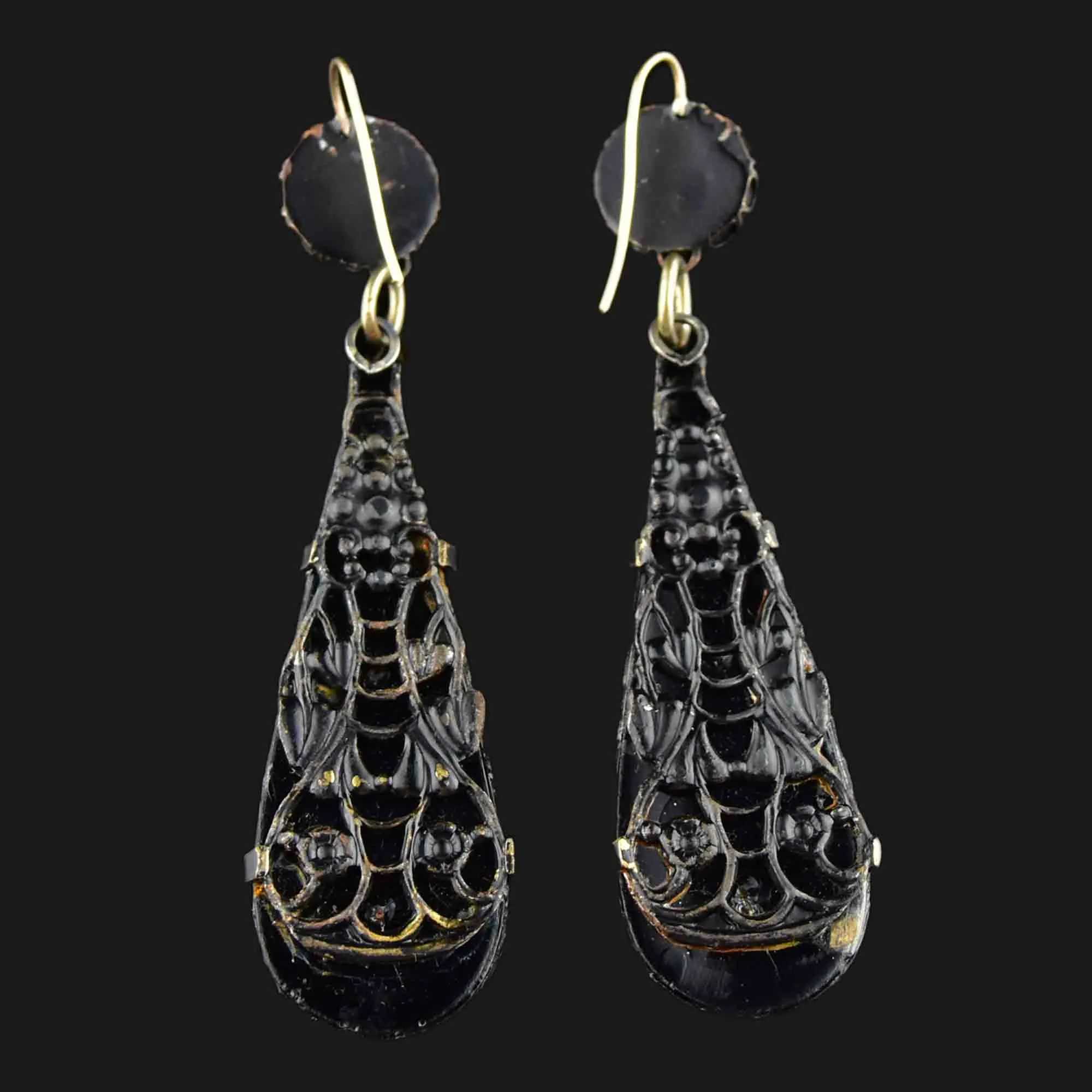 Antique Victorian Carved French Jet Drop Earrings