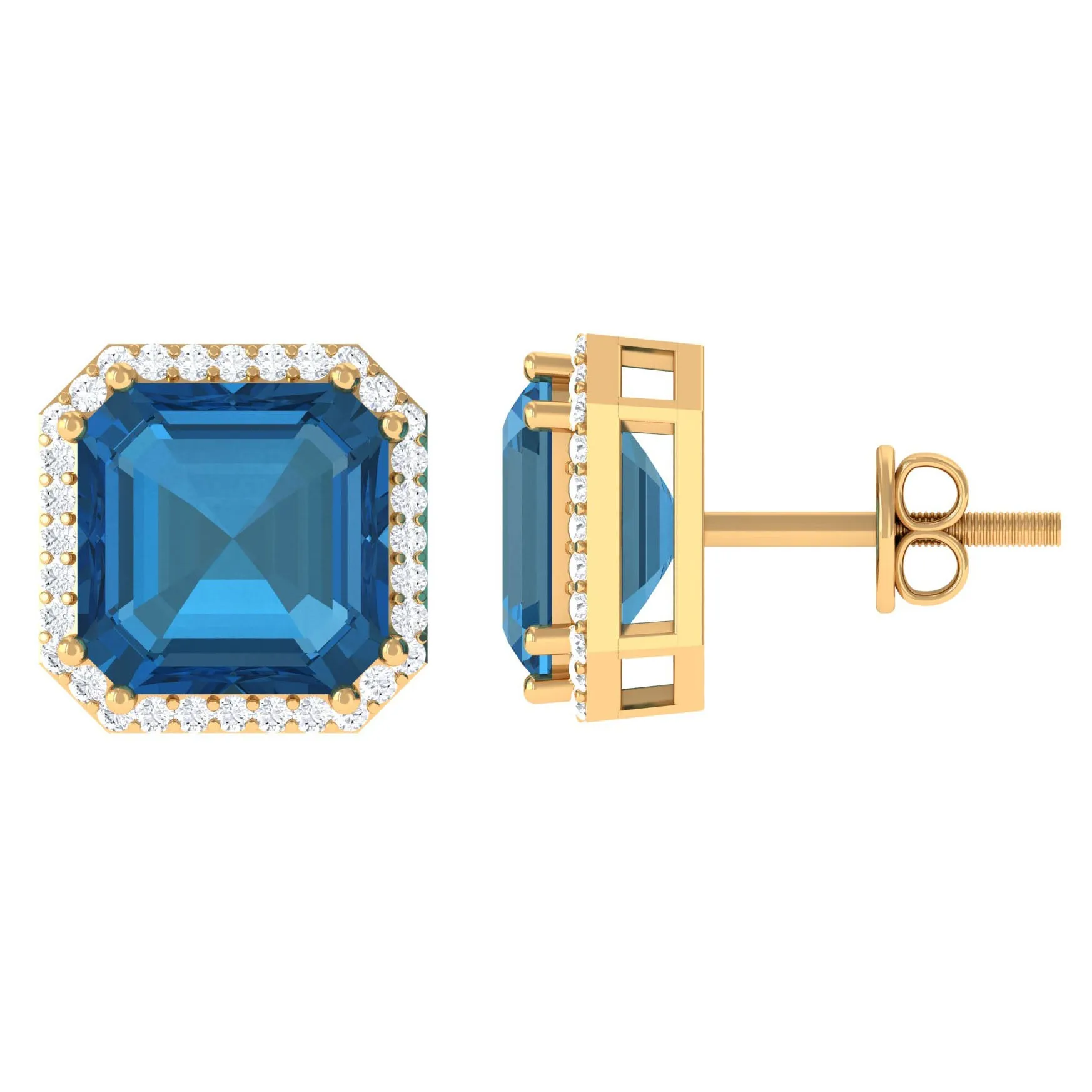 Asscher Cut London Blue Topaz and Diamond Halo Stud Earring