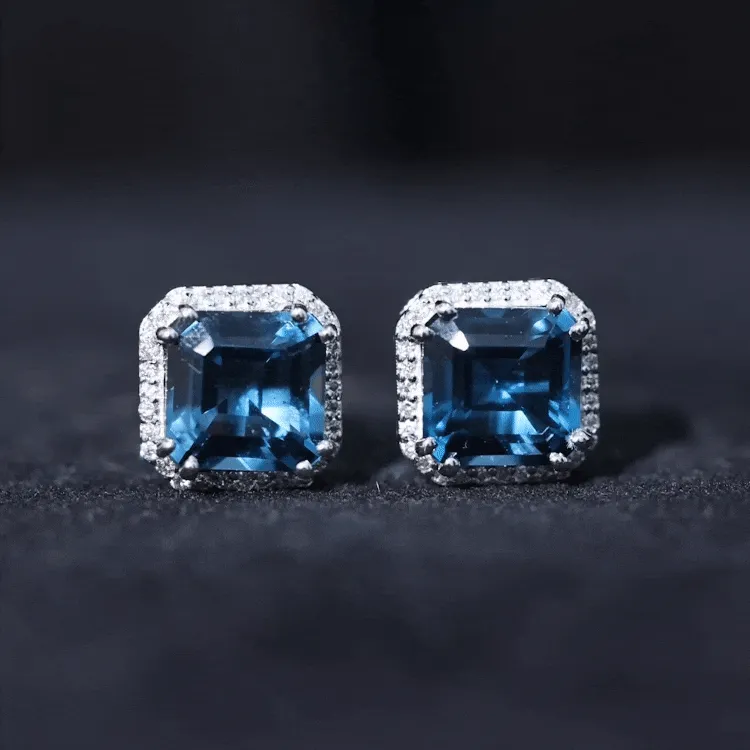 Asscher Cut London Blue Topaz and Diamond Halo Stud Earring