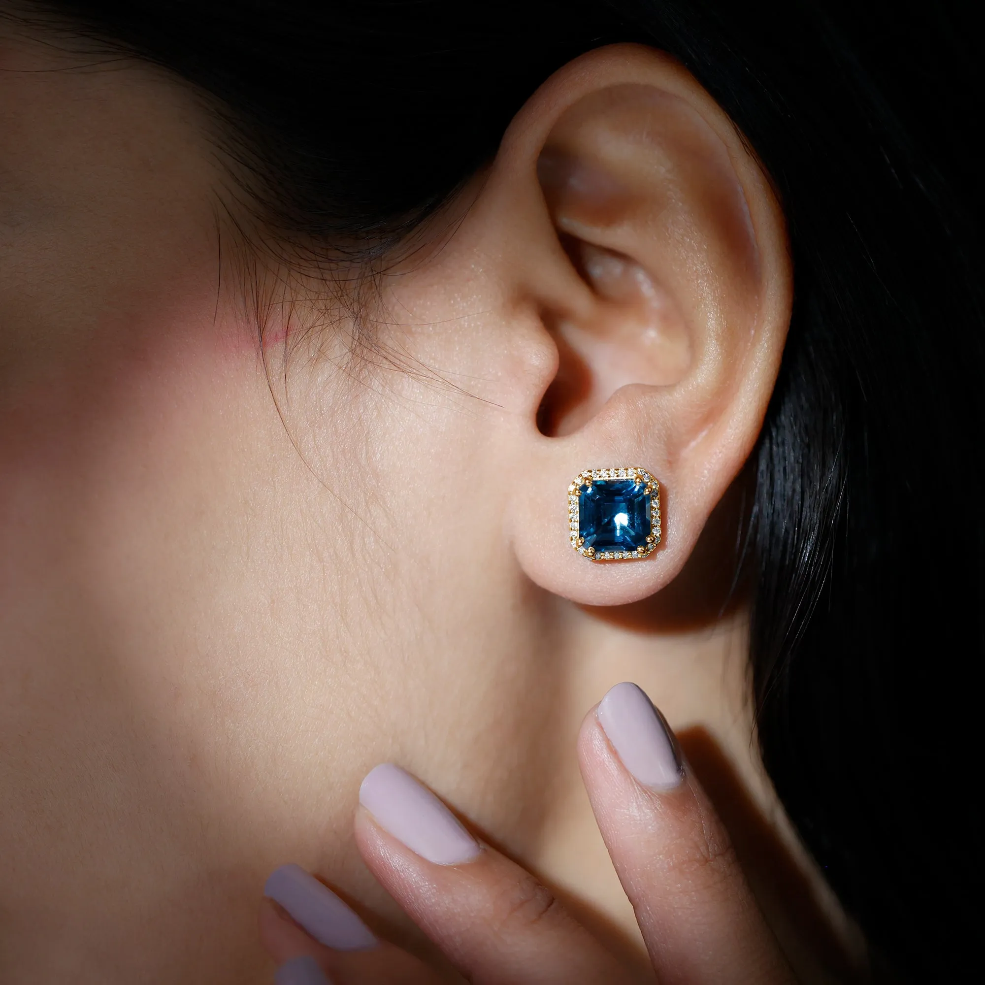 Asscher Cut London Blue Topaz and Diamond Halo Stud Earring