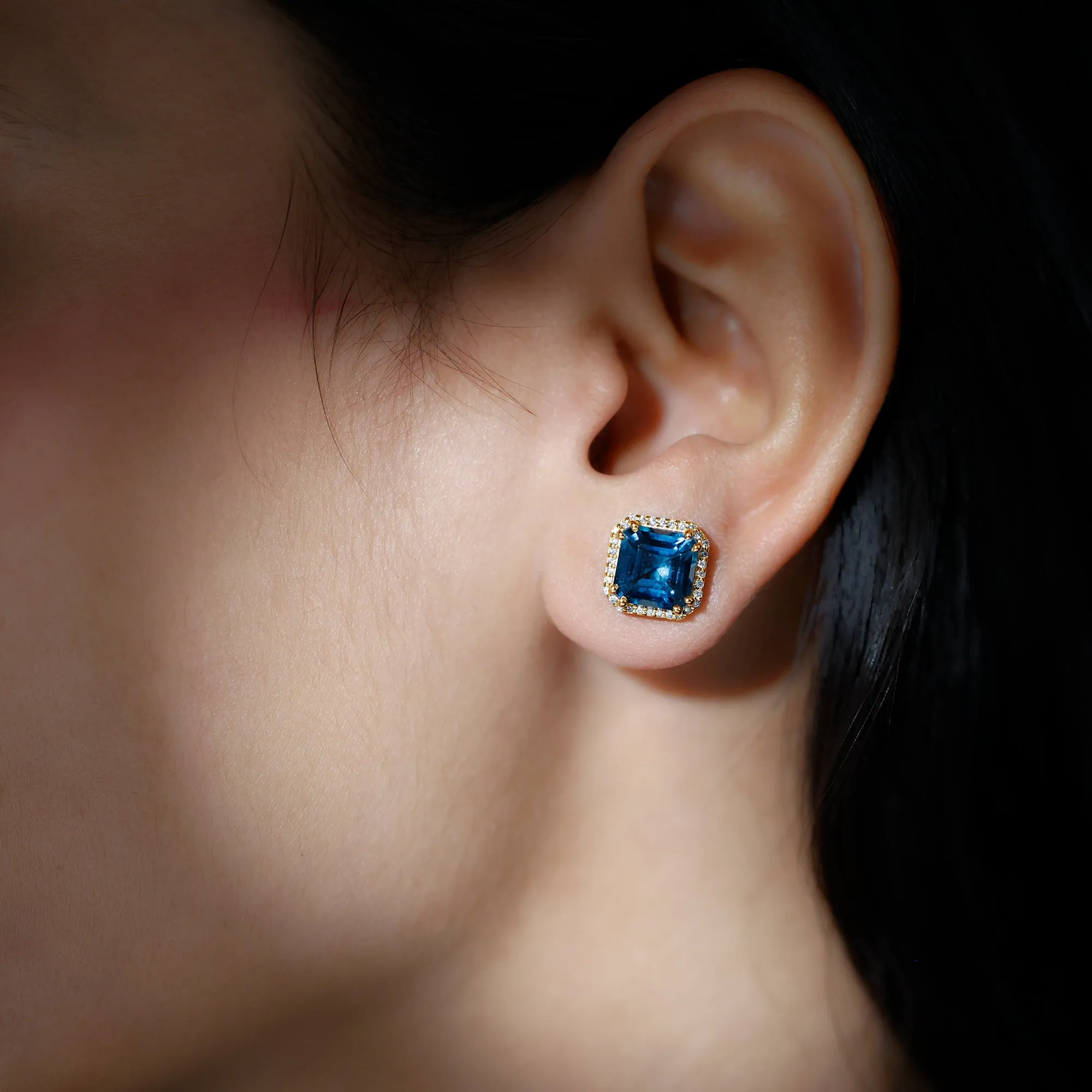 Asscher Cut London Blue Topaz and Diamond Halo Stud Earring