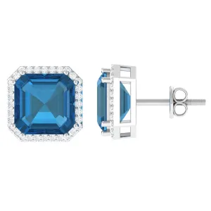 Asscher Cut London Blue Topaz and Diamond Halo Stud Earring