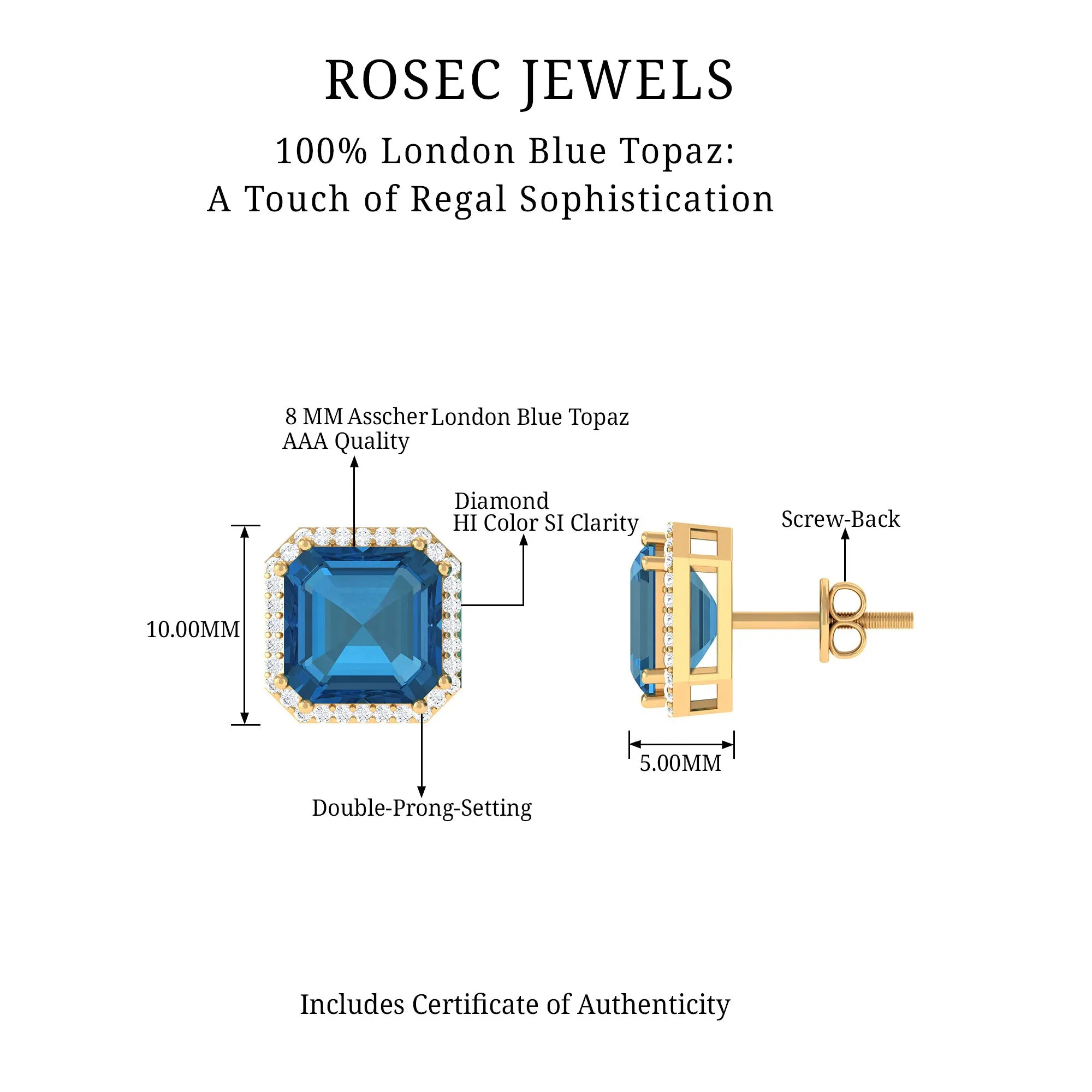 Asscher Cut London Blue Topaz and Diamond Halo Stud Earring