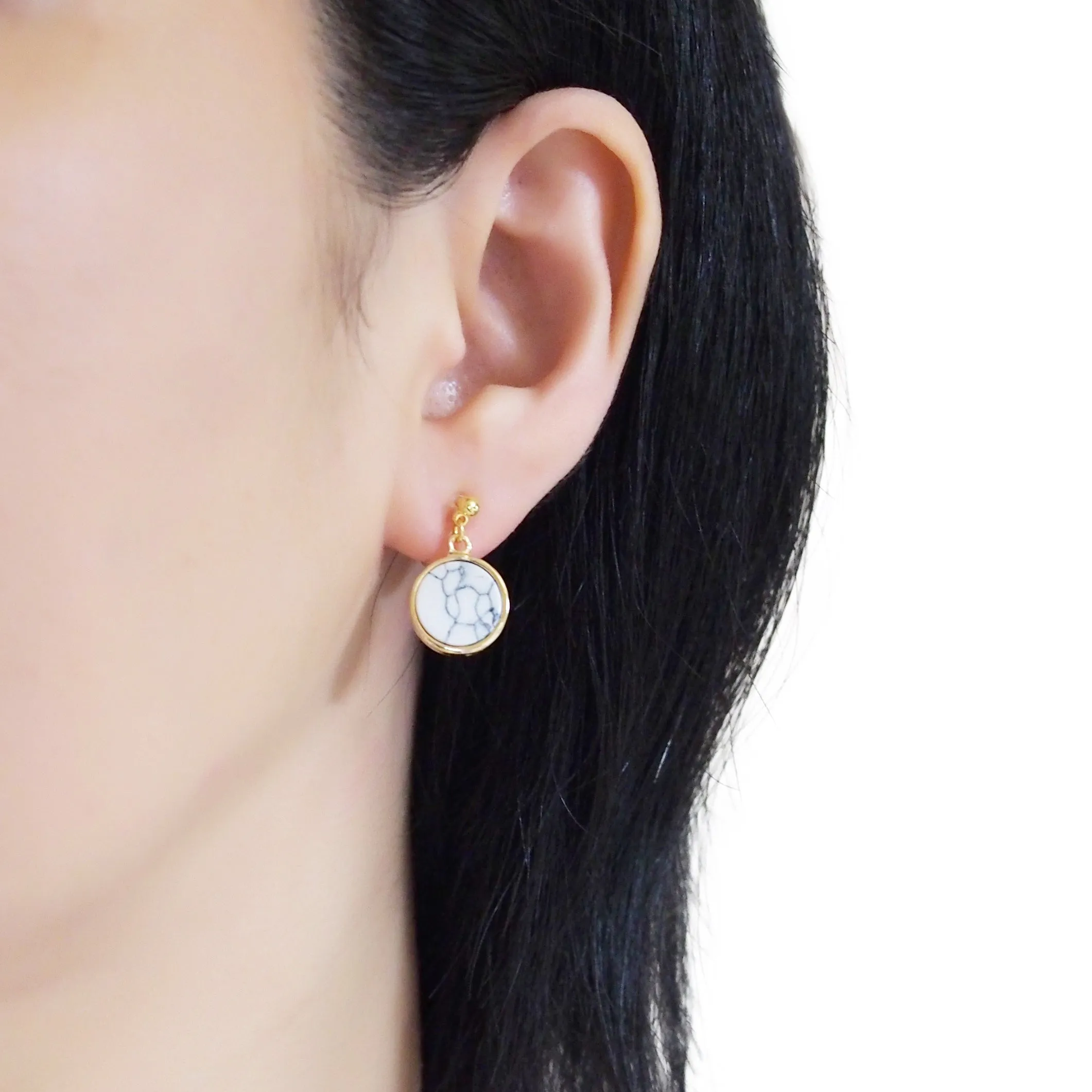 Asymmetric Round Marble Faux White Stone Invisible Clip On Earrings