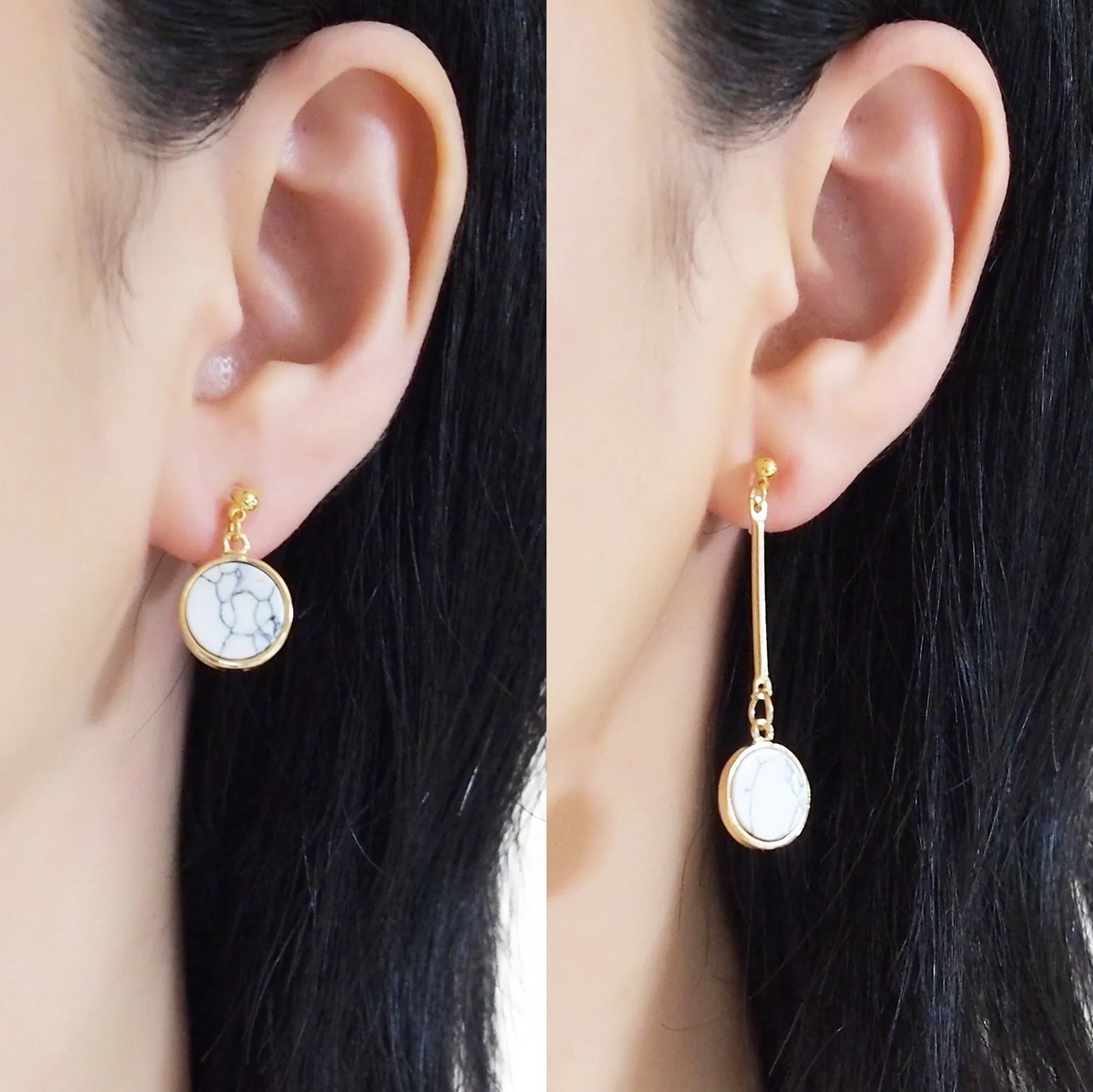 Asymmetric Round Marble Faux White Stone Invisible Clip On Earrings