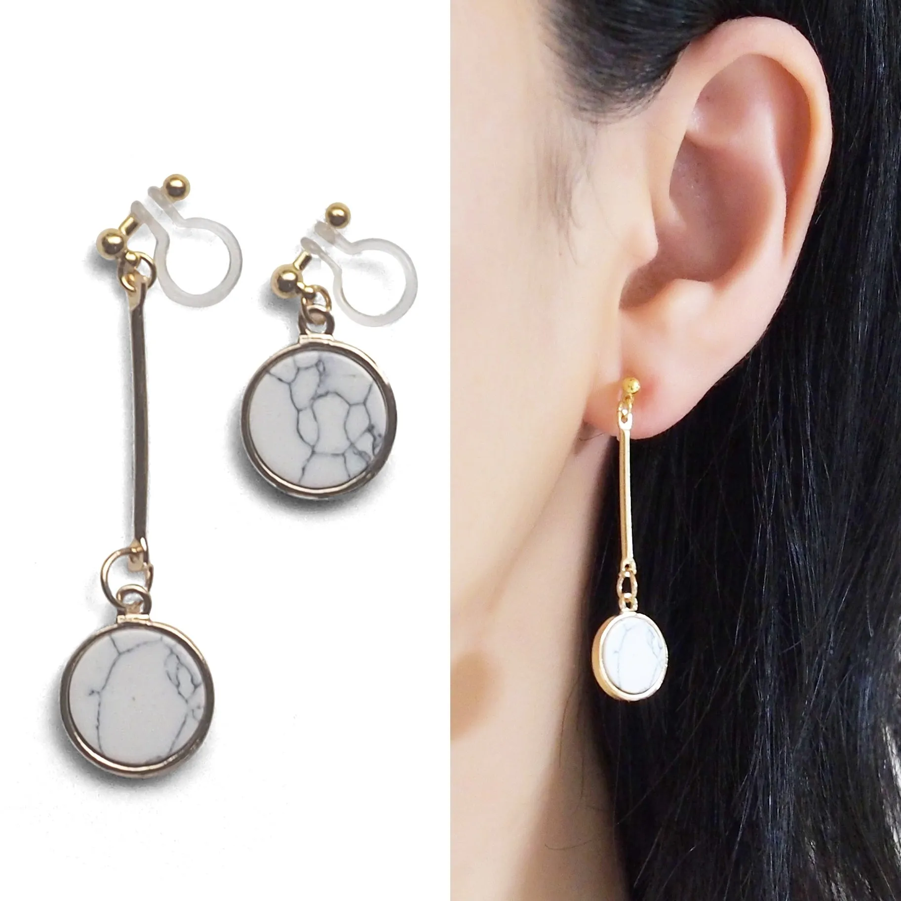 Asymmetric Round Marble Faux White Stone Invisible Clip On Earrings