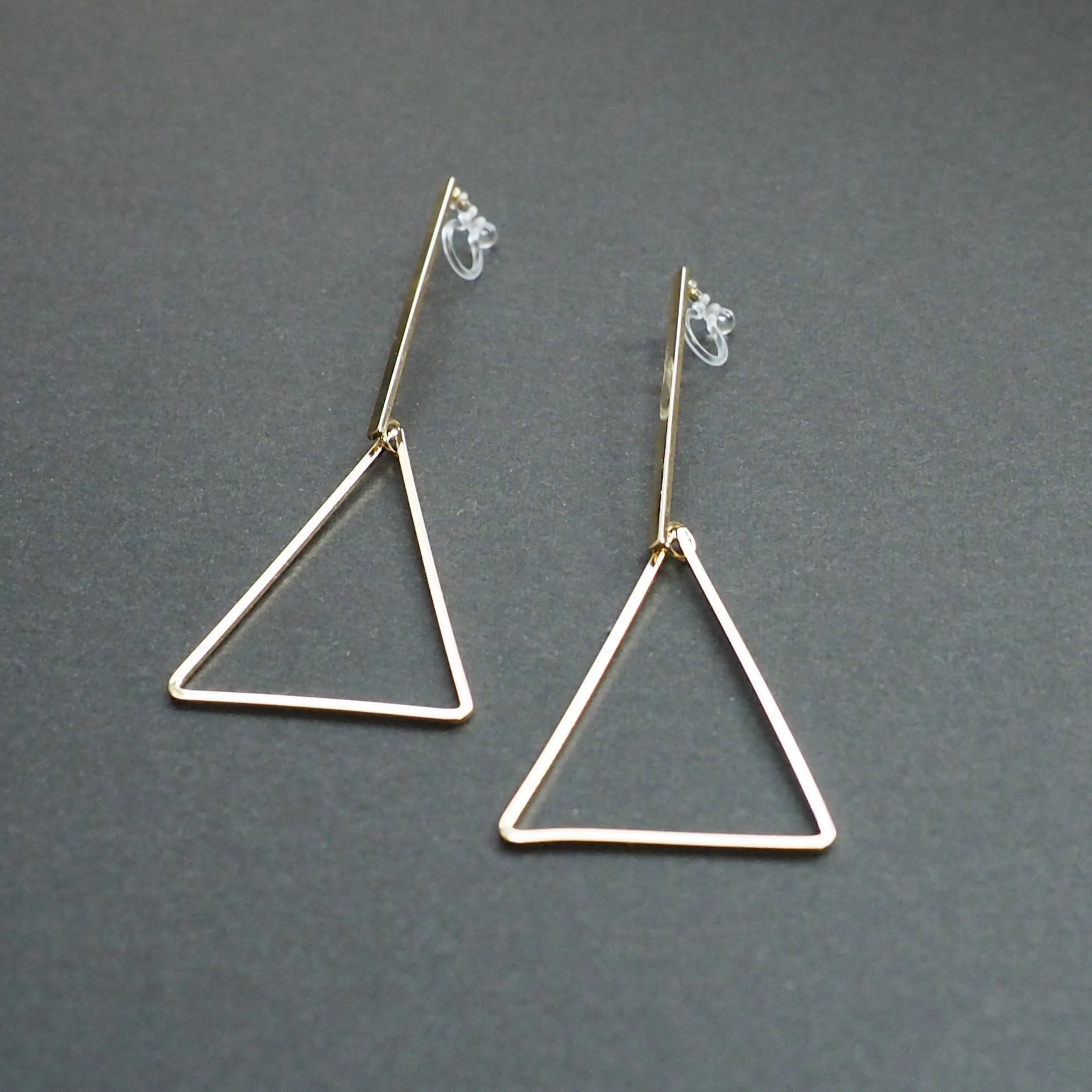 Bar and Triangle Hoop Invisible clip on stud earrings ( Gold tone )