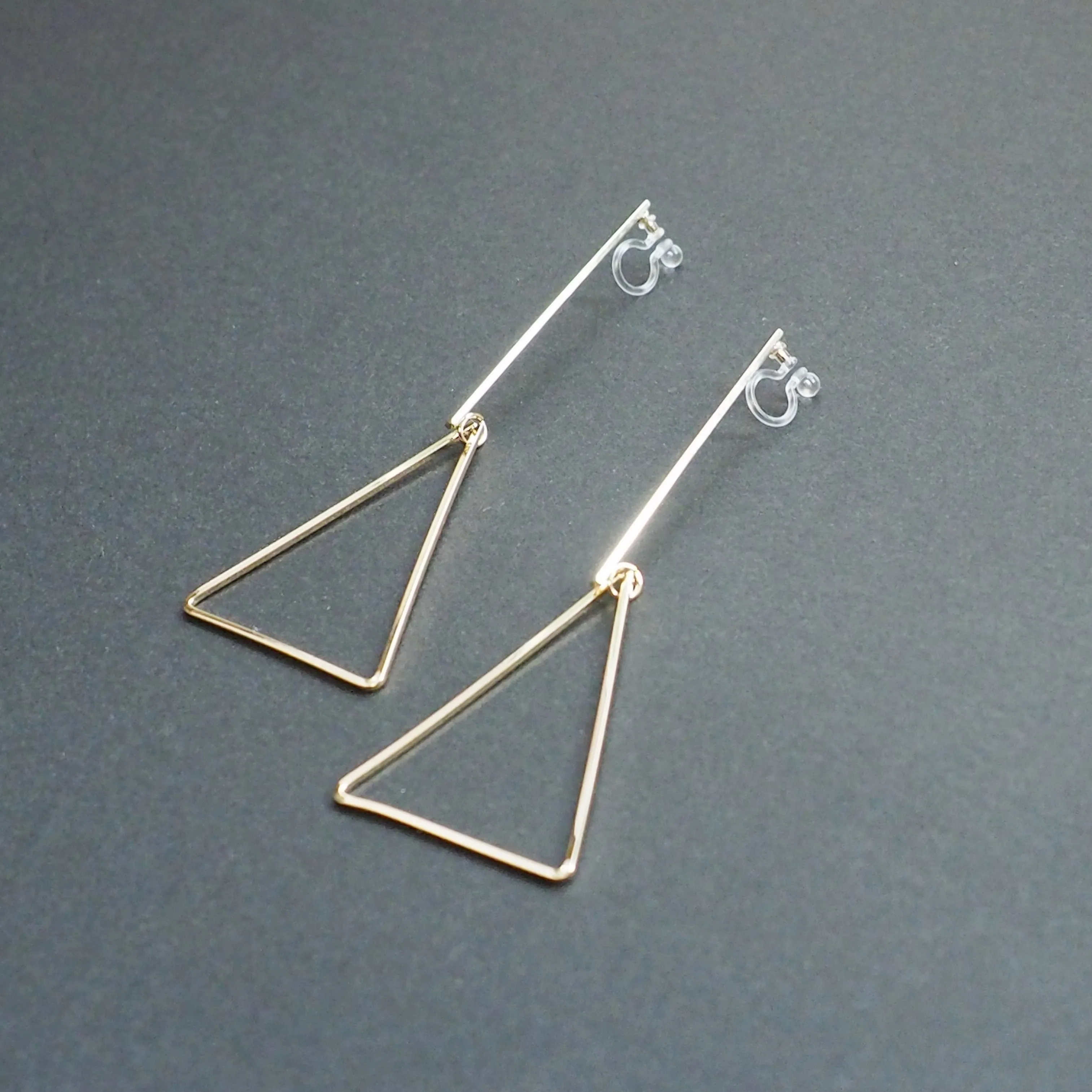 Bar and Triangle Hoop Invisible clip on stud earrings ( Gold tone )