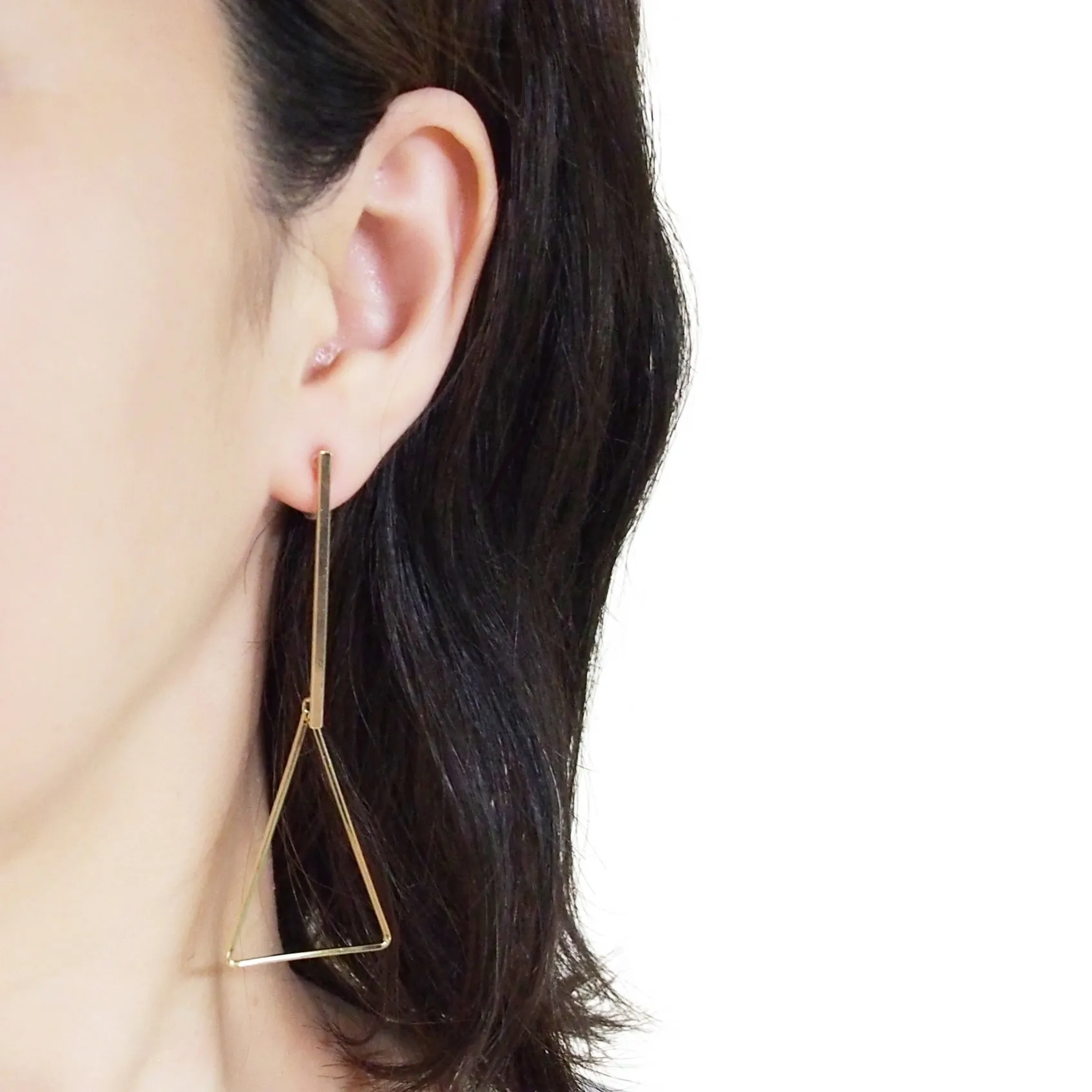 Bar and Triangle Hoop Invisible clip on stud earrings ( Gold tone )