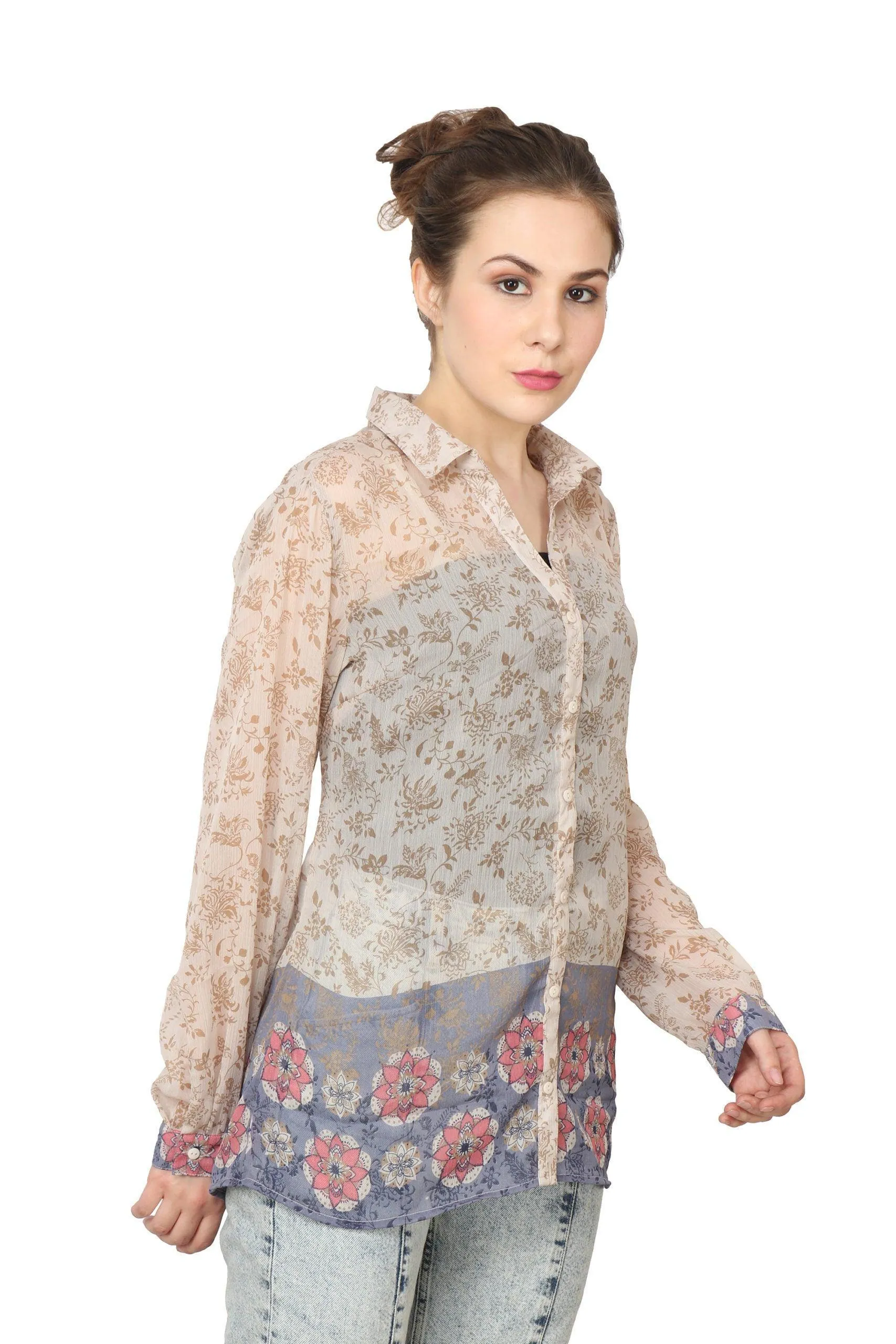 Beige Floral Printed Shirt with Blue Border