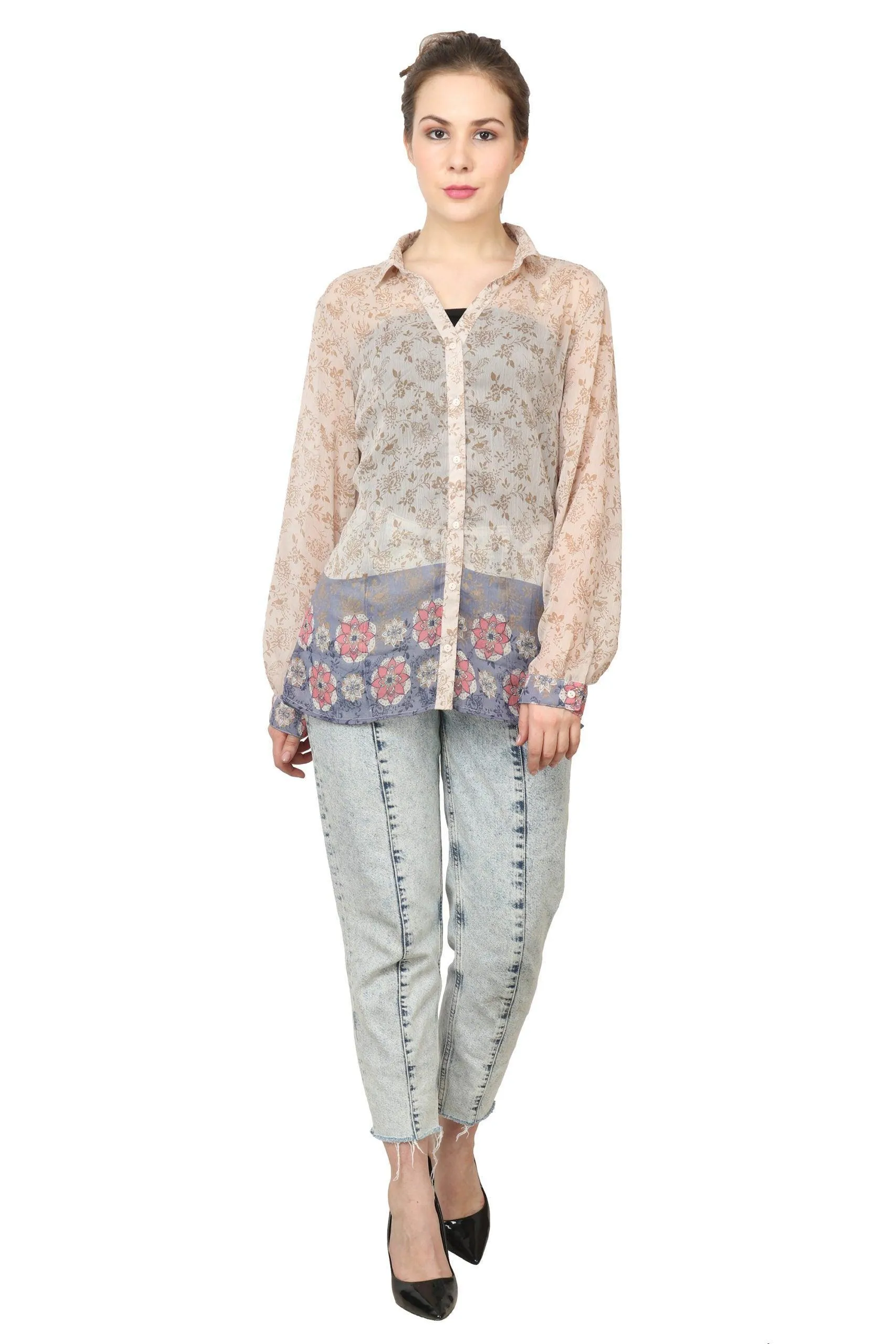 Beige Floral Printed Shirt with Blue Border