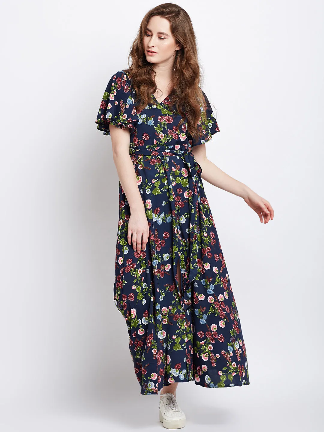 Berrylush Women Navy Blue Floral Printed V-Neck Waist Tie-Up Flared Maxi Dress