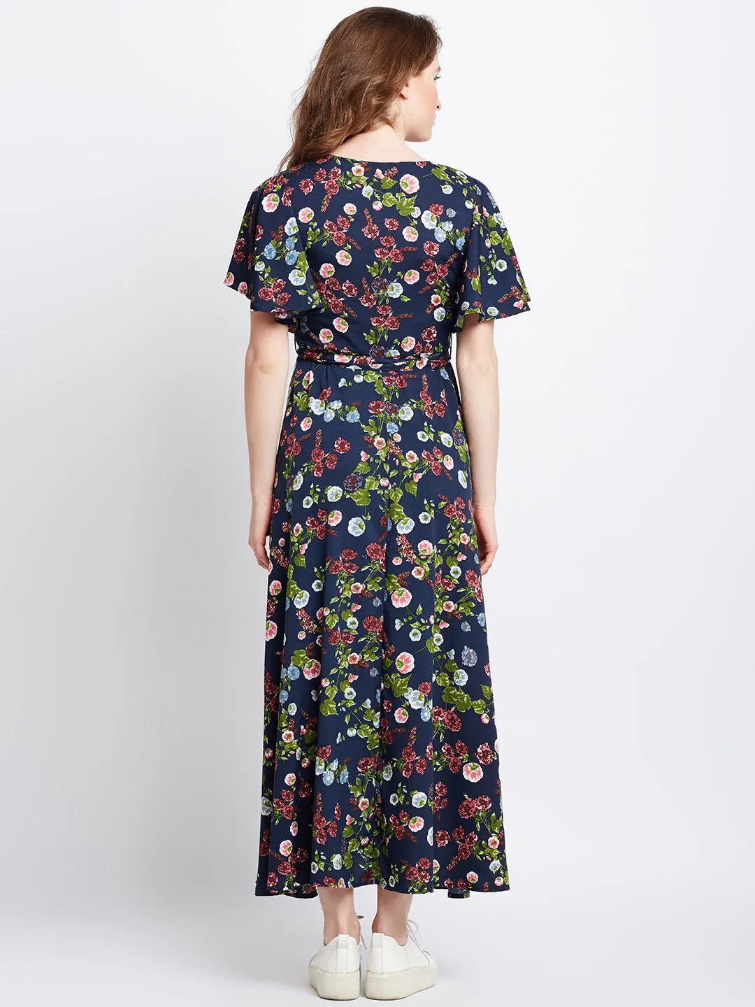 Berrylush Women Navy Blue Floral Printed V-Neck Waist Tie-Up Flared Maxi Dress