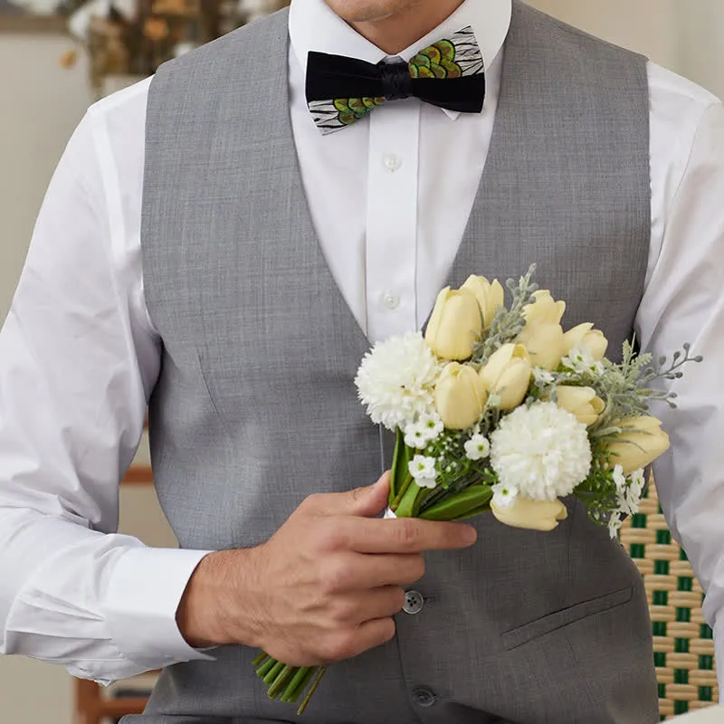 Black & White Patchwork Peacock Feather Bow Tie