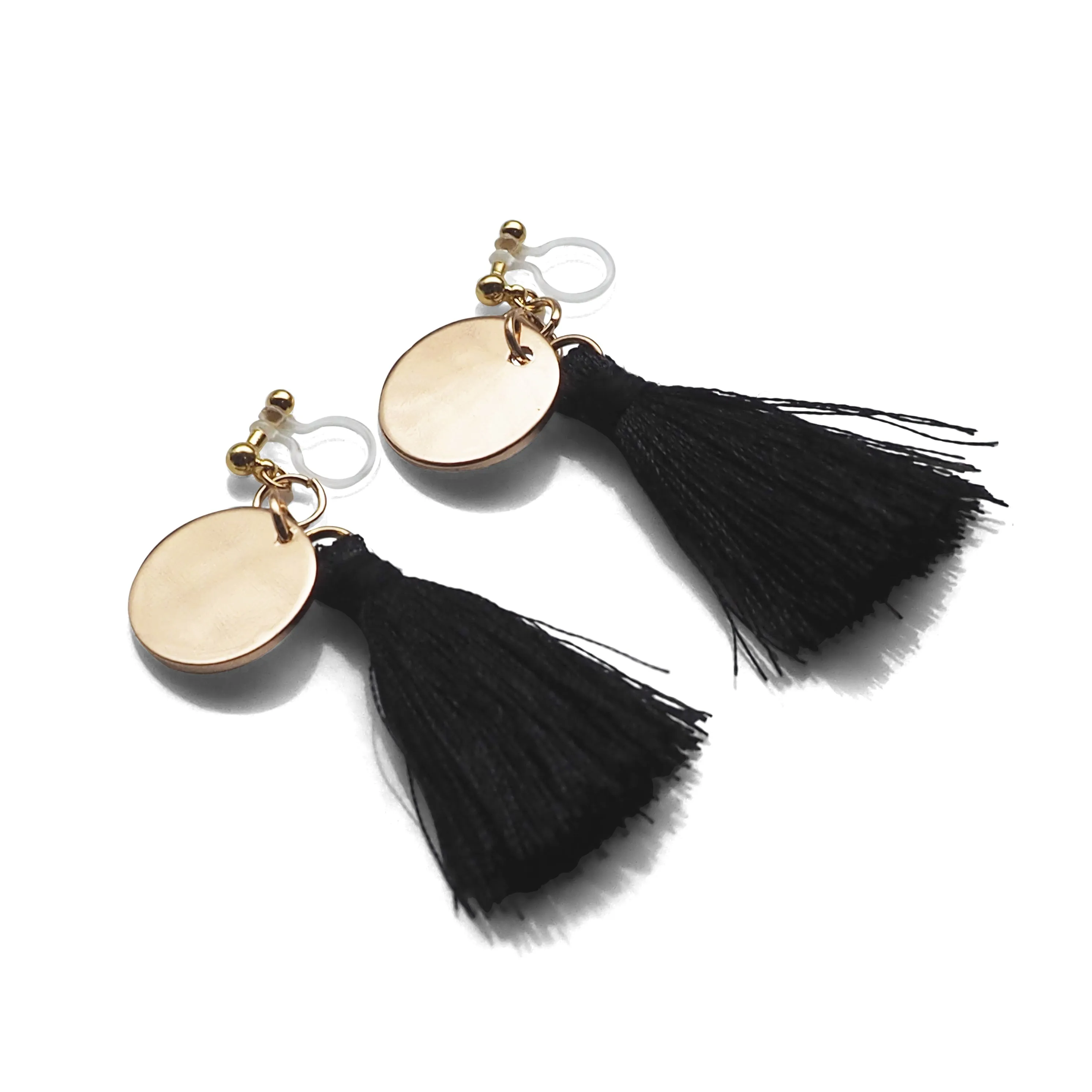 Black Tassel with Gold Coin Invisible Clip On Earrings