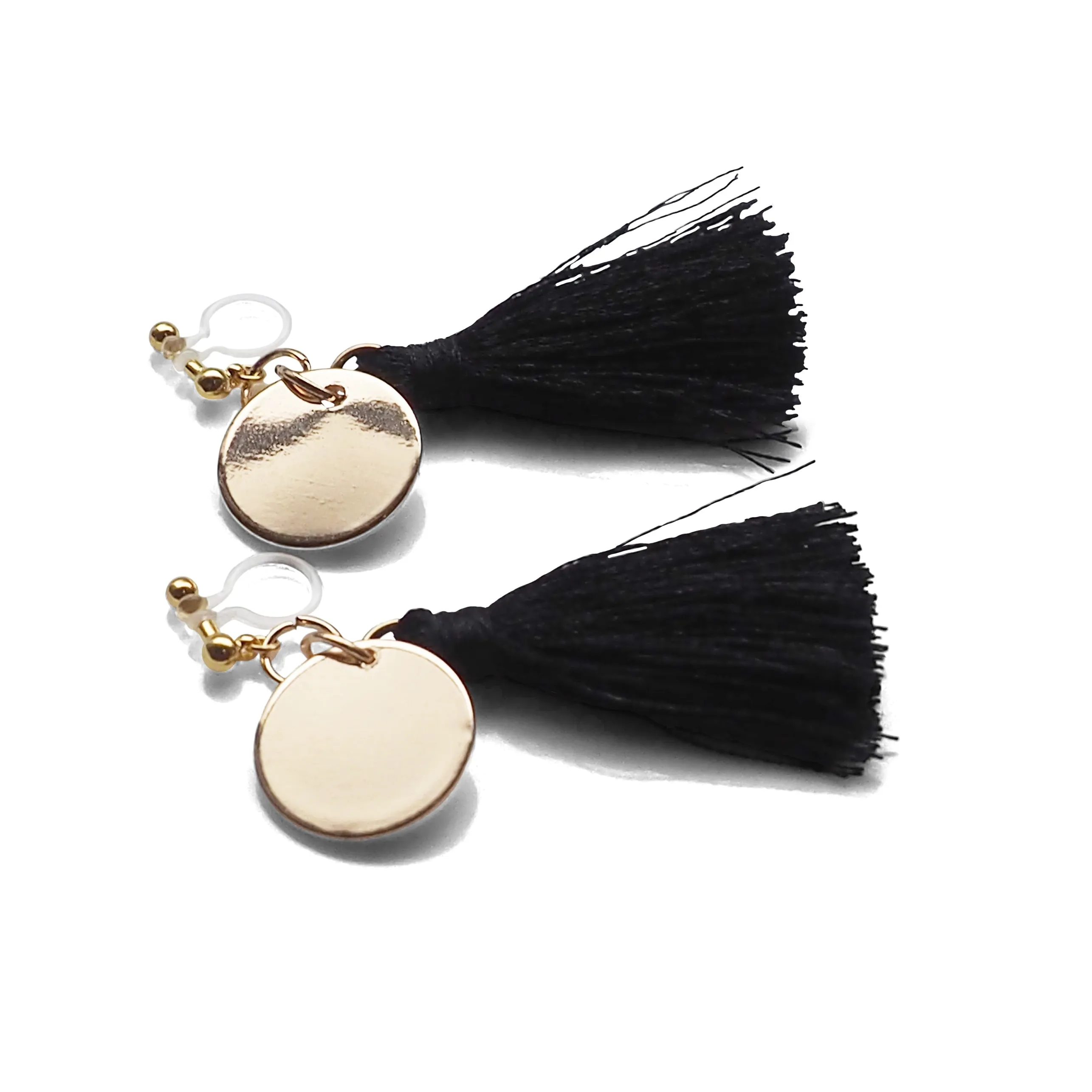 Black Tassel with Gold Coin Invisible Clip On Earrings