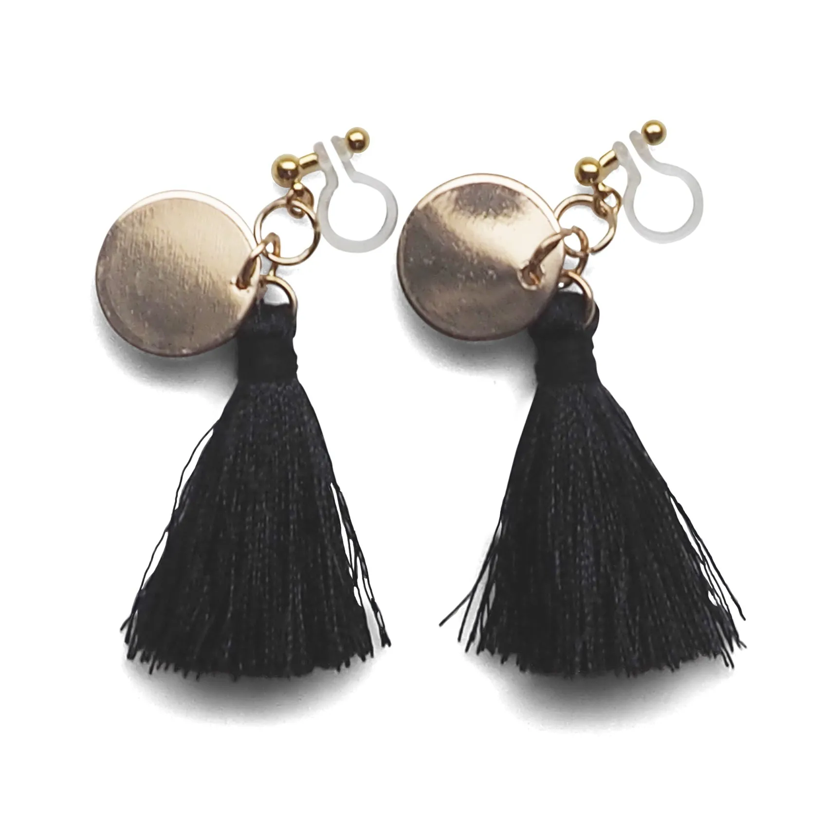 Black Tassel with Gold Coin Invisible Clip On Earrings