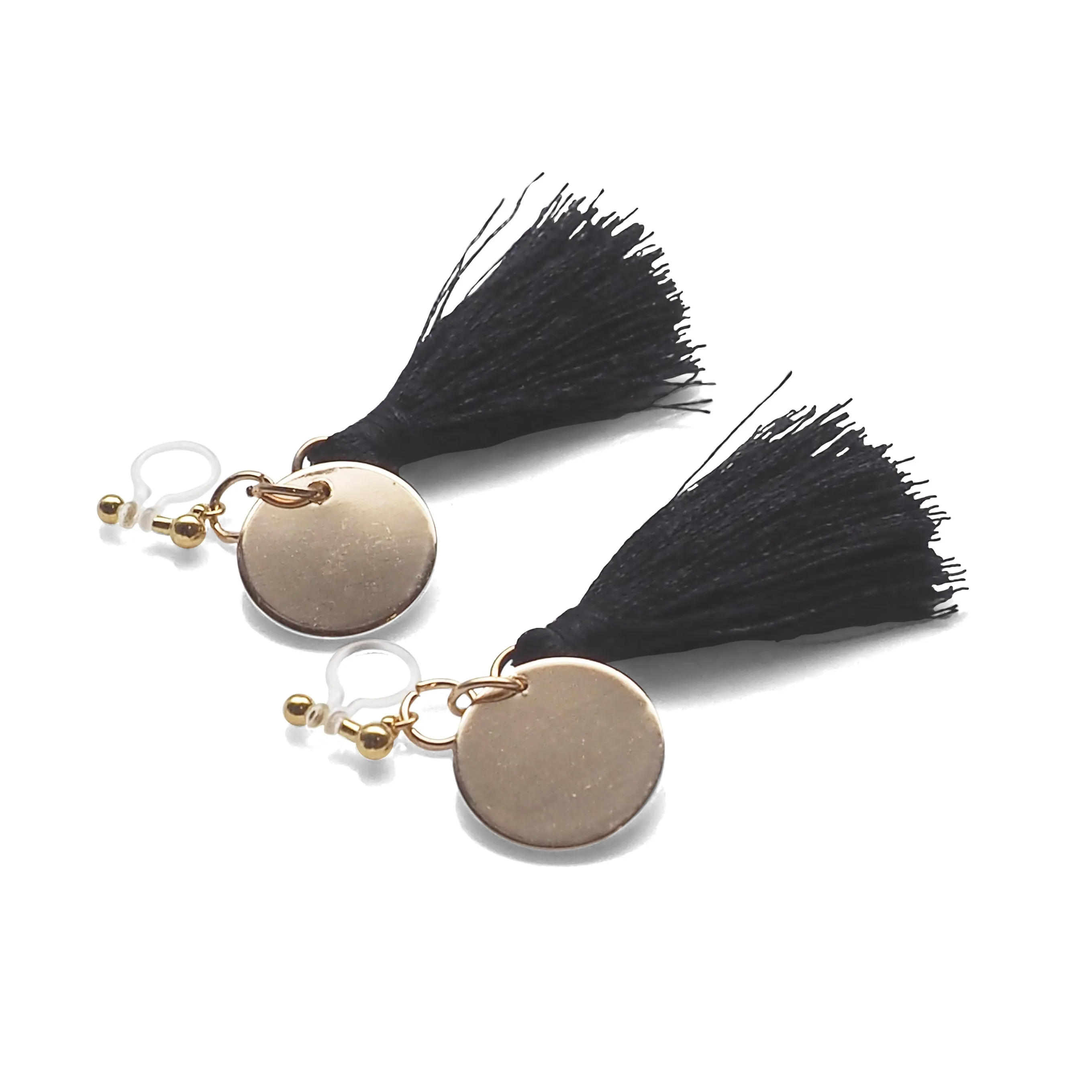 Black Tassel with Gold Coin Invisible Clip On Earrings