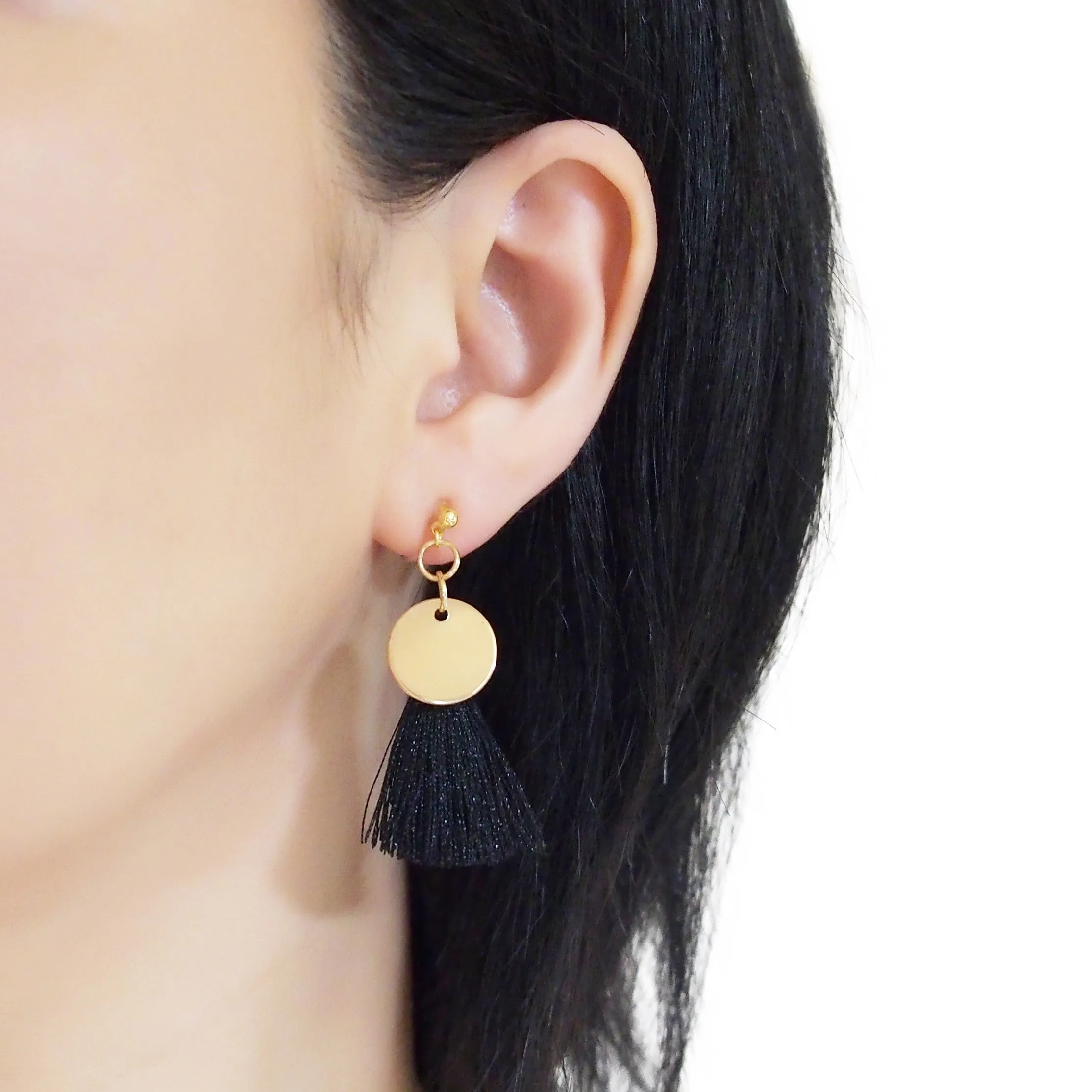 Black Tassel with Gold Coin Invisible Clip On Earrings