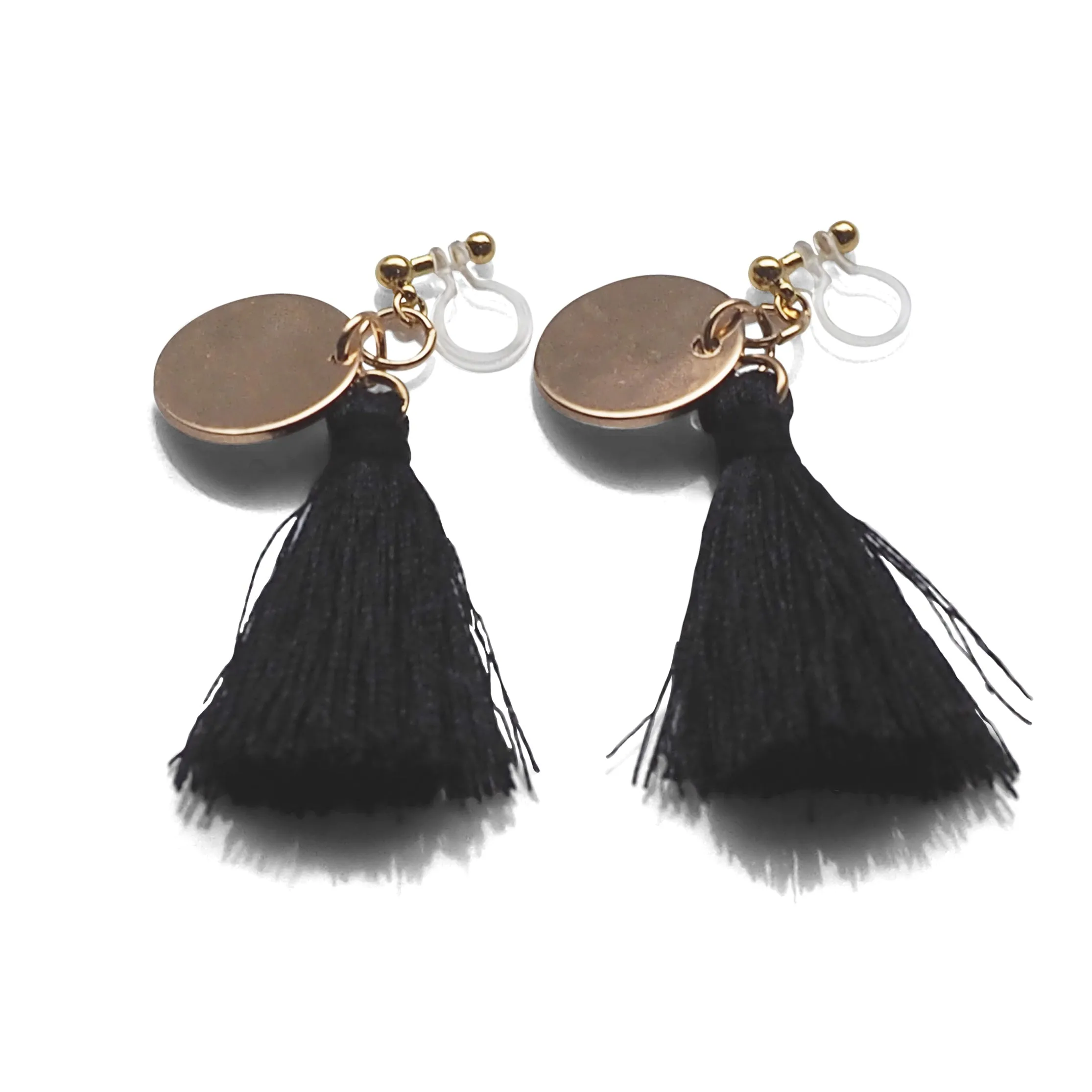 Black Tassel with Gold Coin Invisible Clip On Earrings