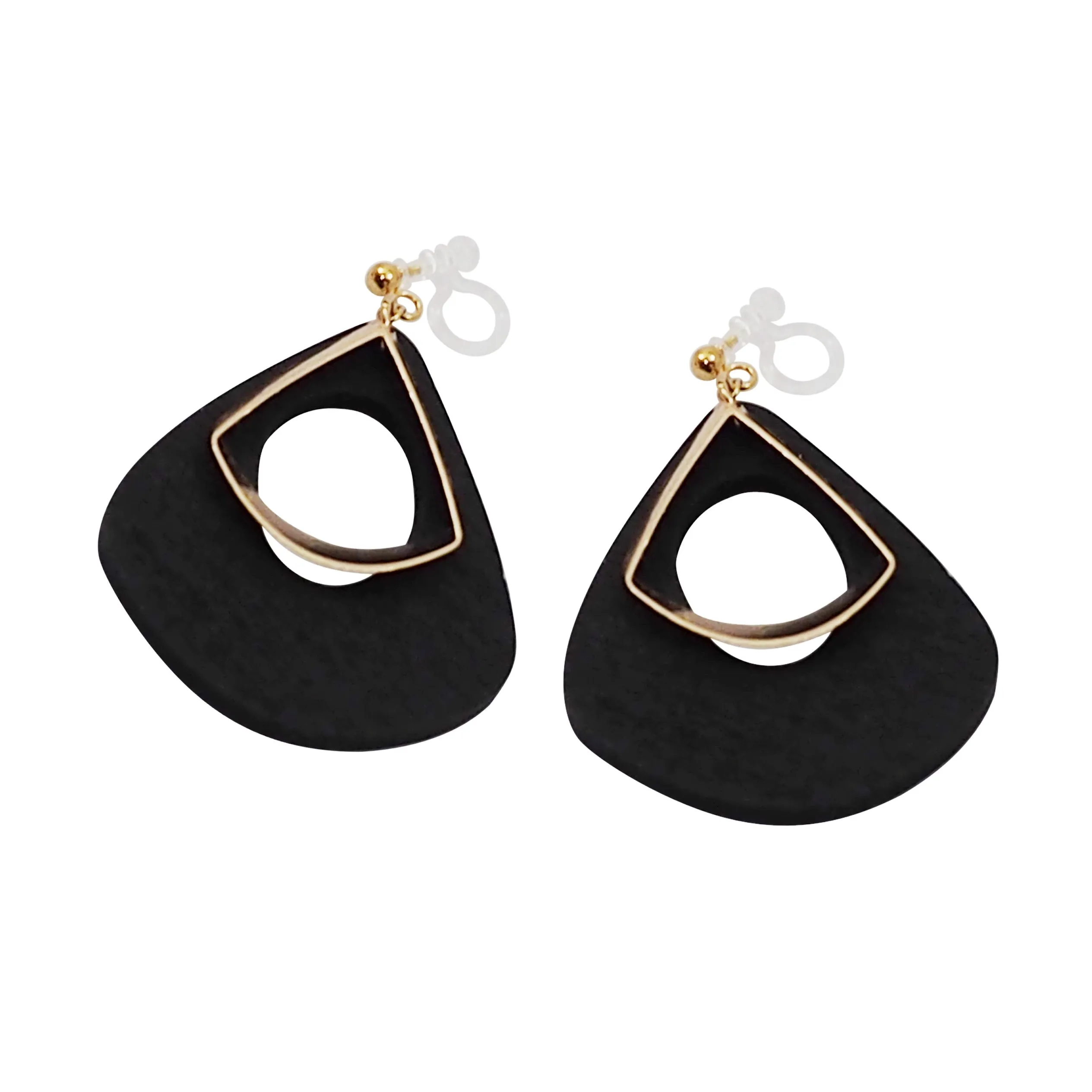 Black Teardrop Wood Hoop Invisible Clip On Earrings