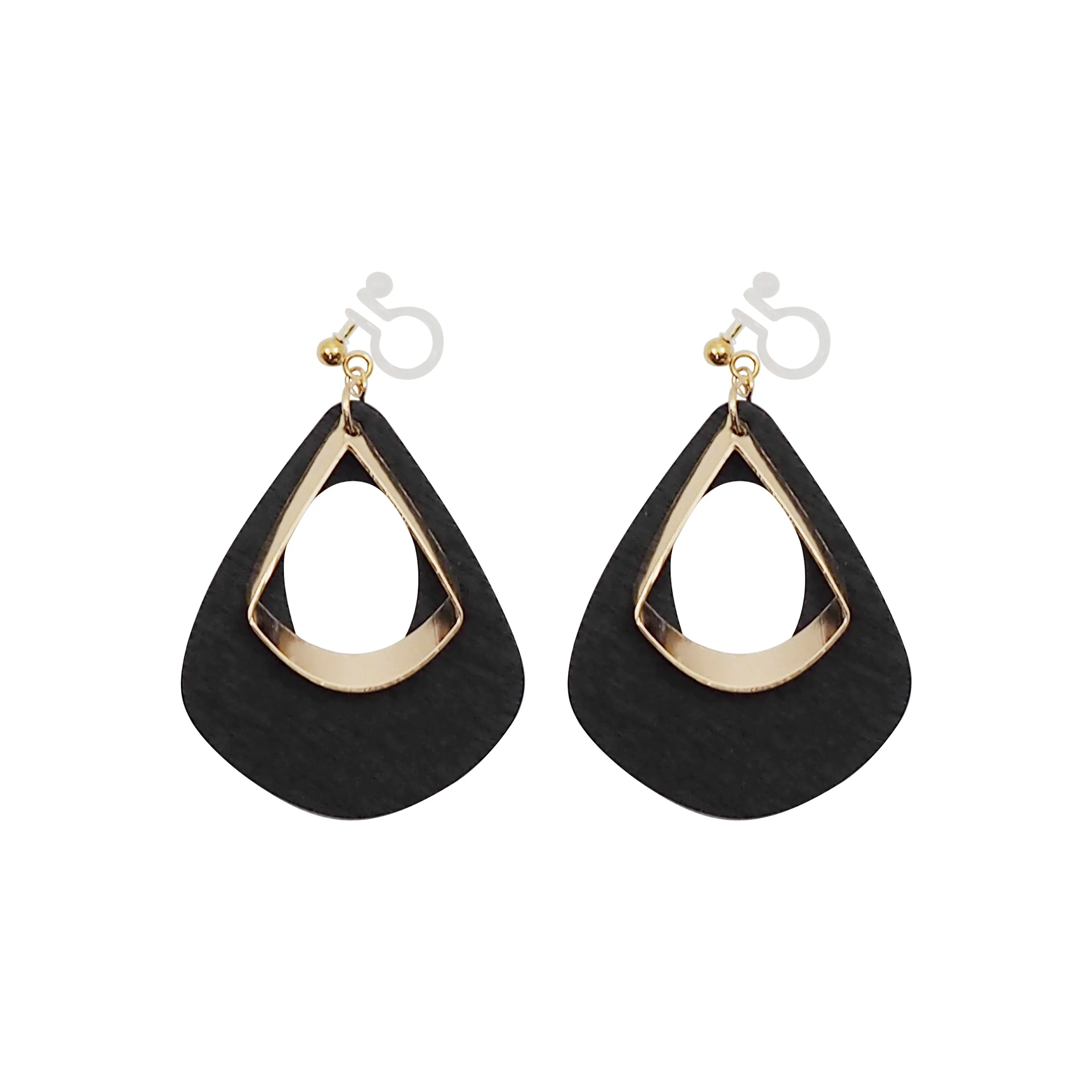 Black Teardrop Wood Hoop Invisible Clip On Earrings