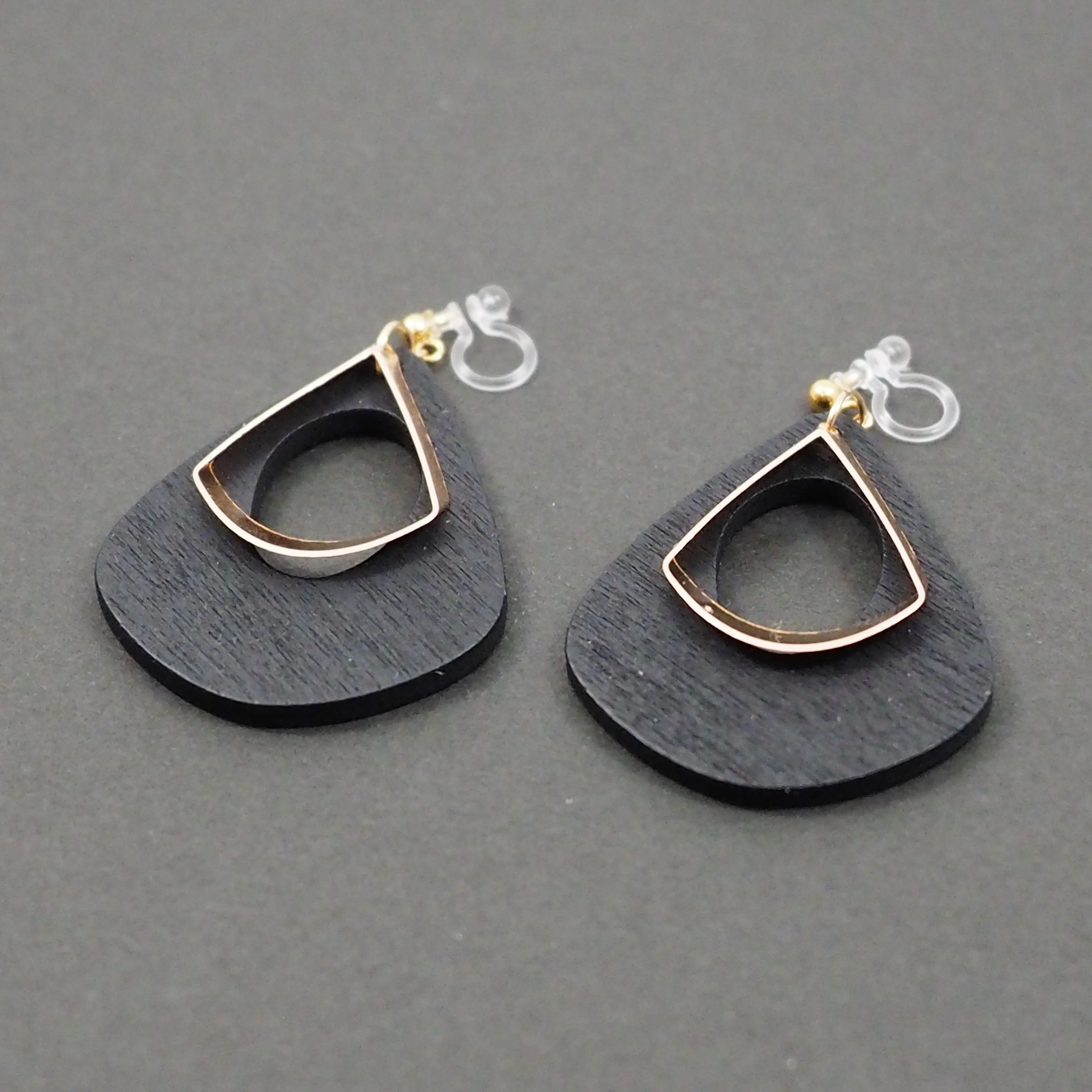 Black Teardrop Wood Hoop Invisible Clip On Earrings