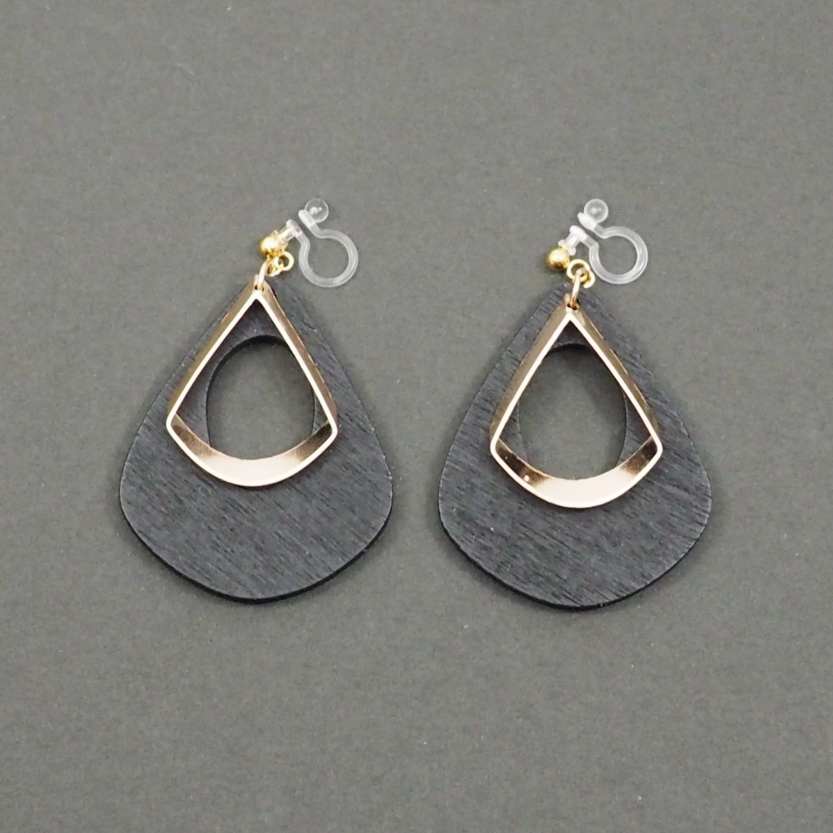 Black Teardrop Wood Hoop Invisible Clip On Earrings