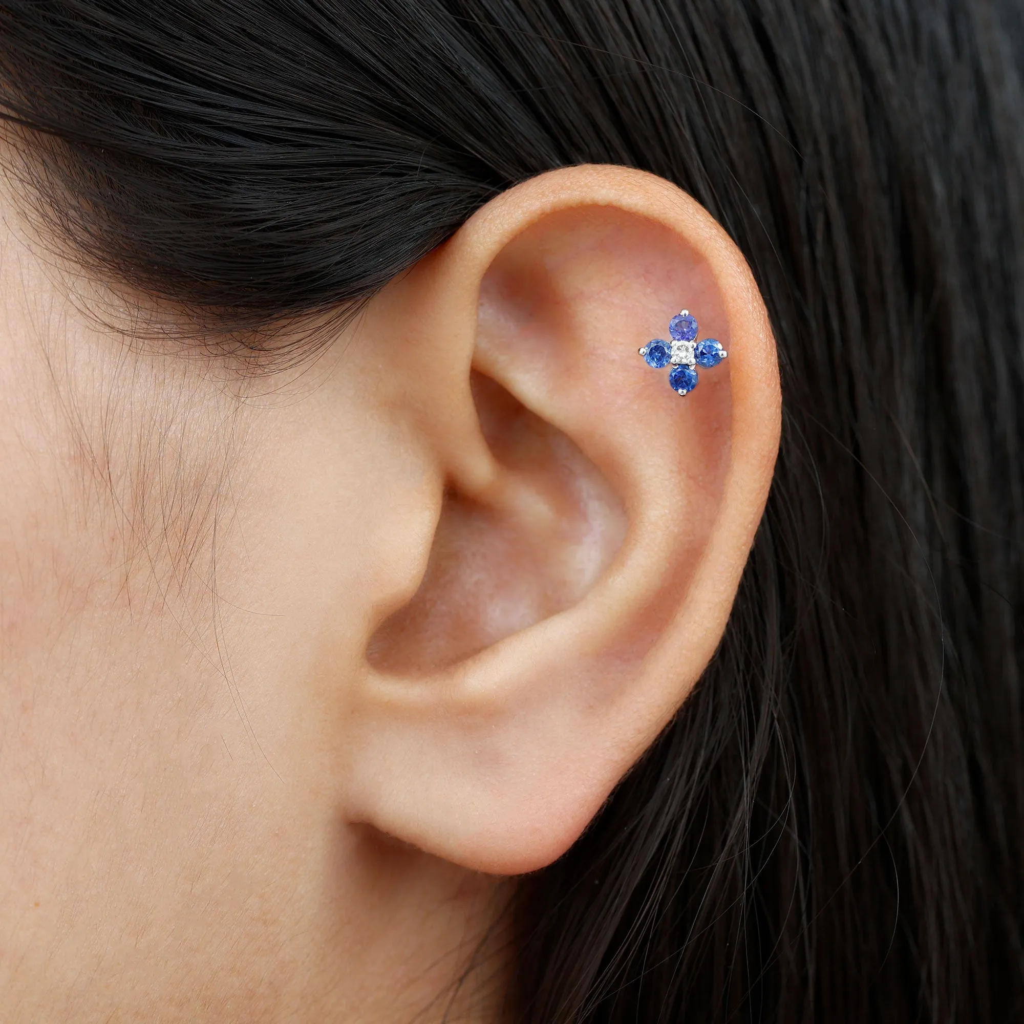 Blue Sapphire and Moissanite Flower Earring for Rook Piercing