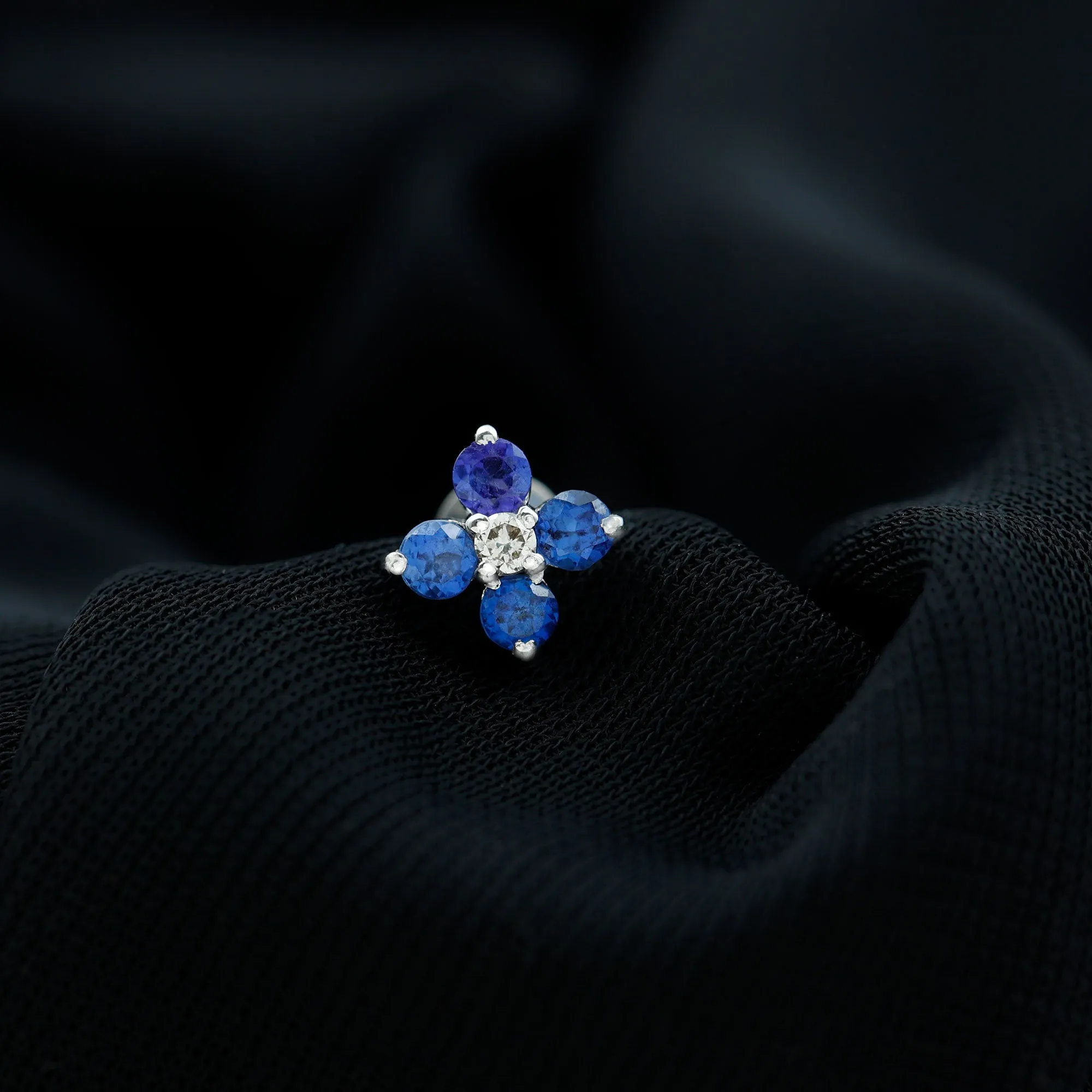 Blue Sapphire and Moissanite Flower Earring for Rook Piercing