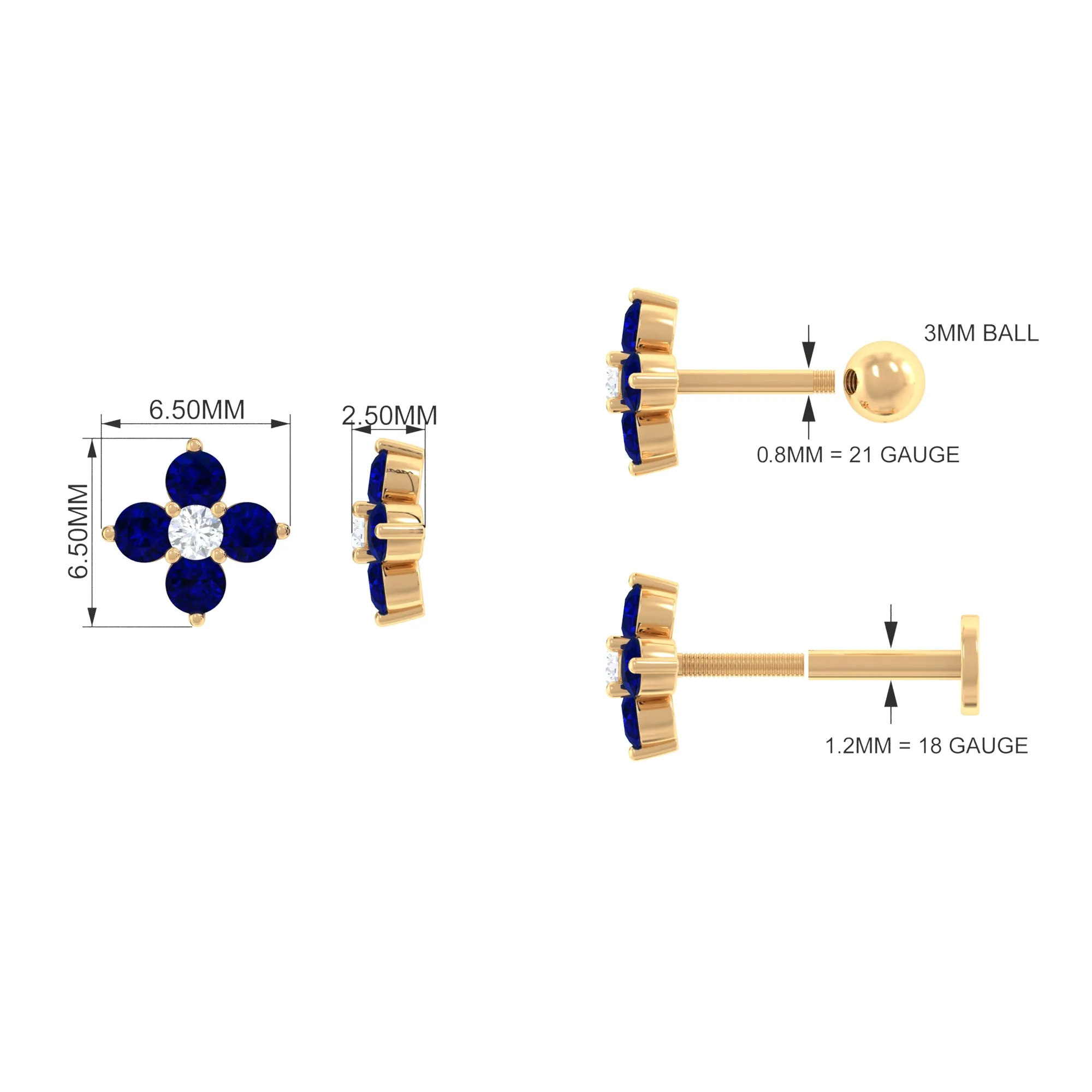 Blue Sapphire and Moissanite Flower Earring for Rook Piercing