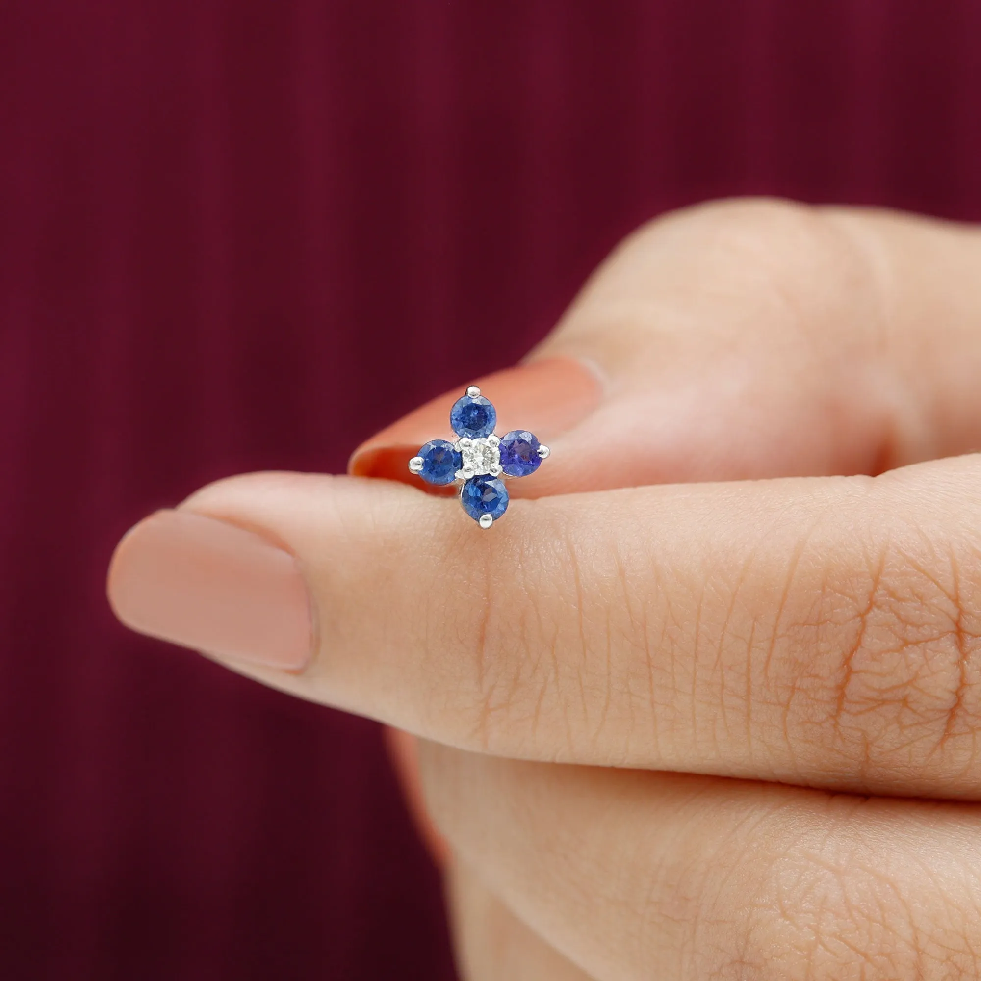 Blue Sapphire and Moissanite Flower Earring for Rook Piercing