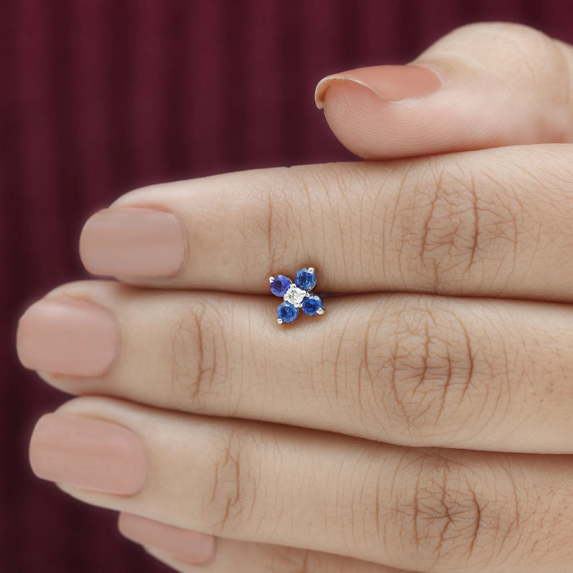 Blue Sapphire and Moissanite Flower Earring for Rook Piercing